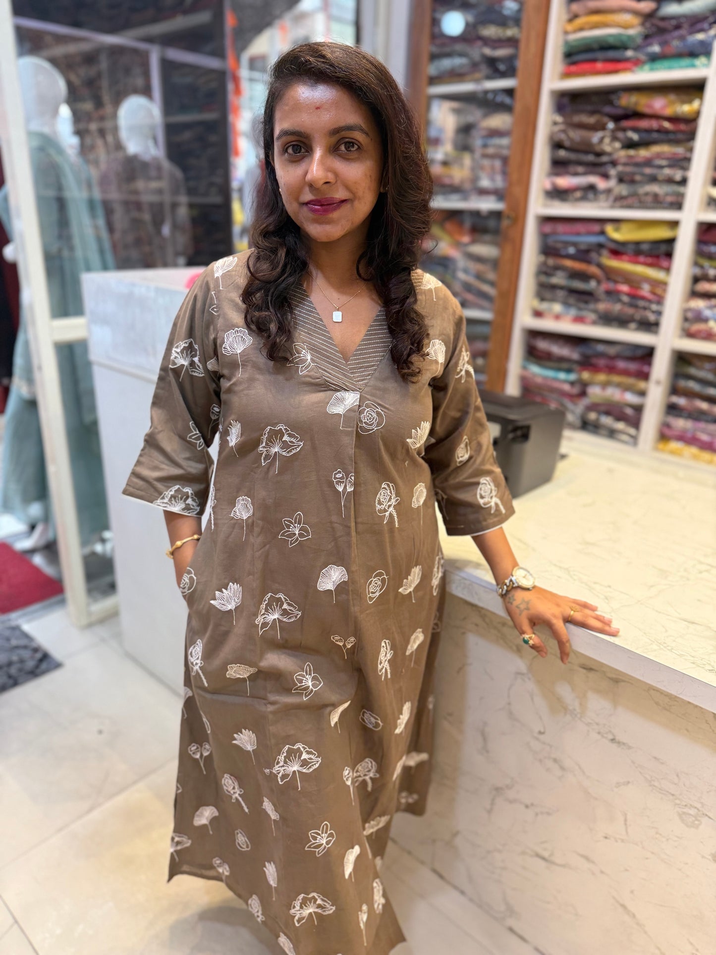Trendy V neck Pure Cotton Embroidery Kurti With Pant-HSC49