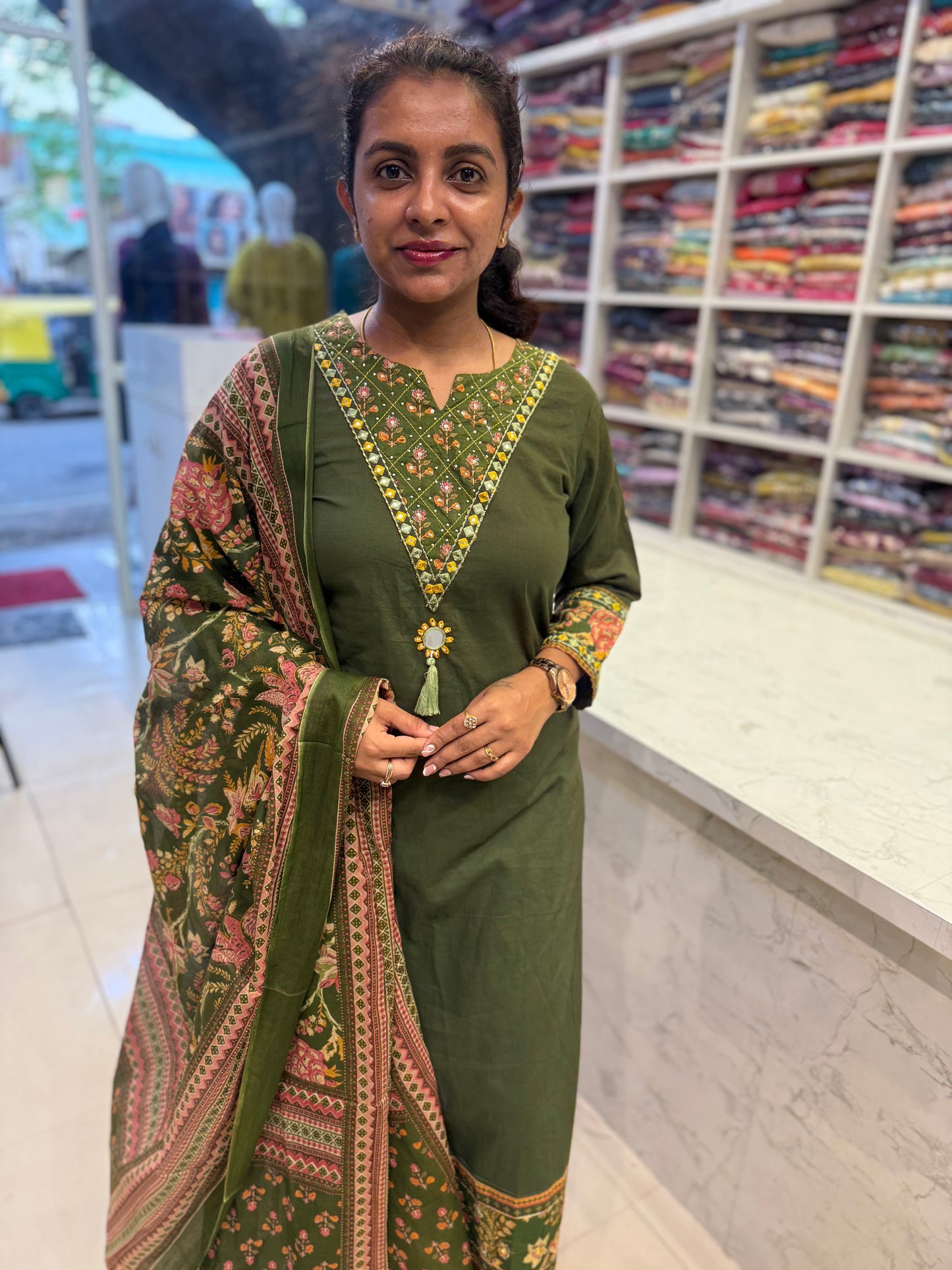Green Pure Cotton Printed Pant With Kurti with Dupatta-HSC127