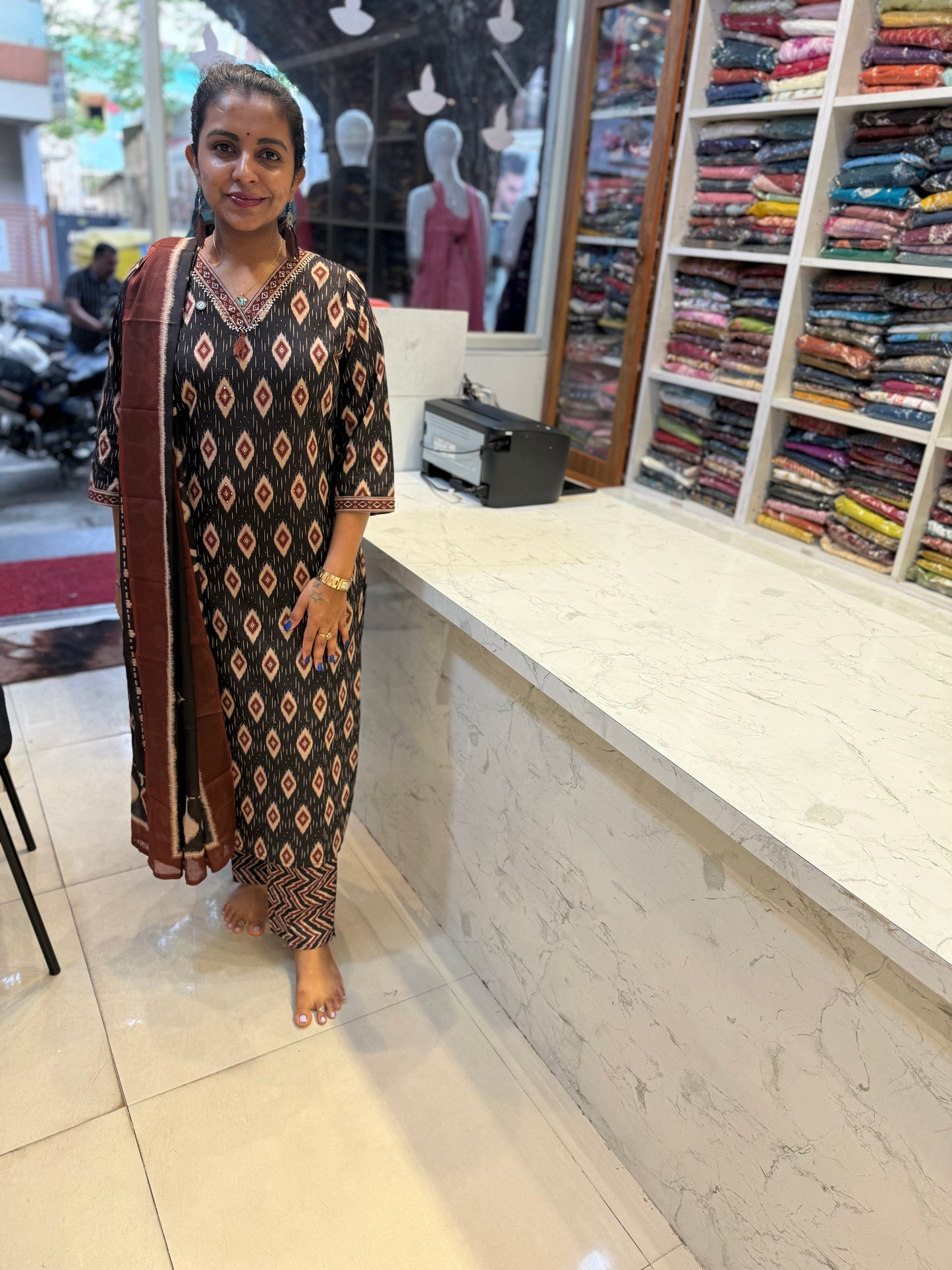 Printed Black Cotton Kurti and Pant and Dupatta