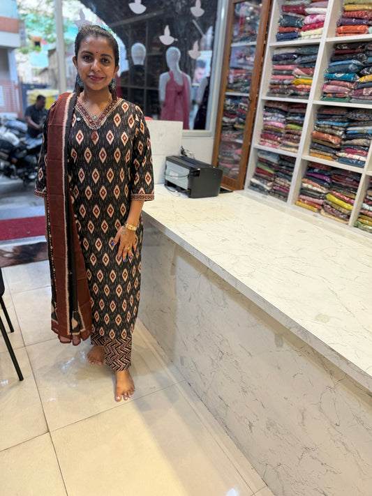 Printed Black Cotton Kurti and Pant and Dupatta