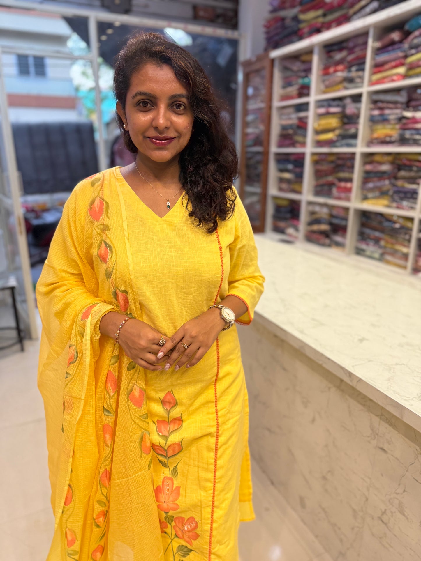 Hand Brush Painted Pure Cotton Kurti With Pant and Dupatta