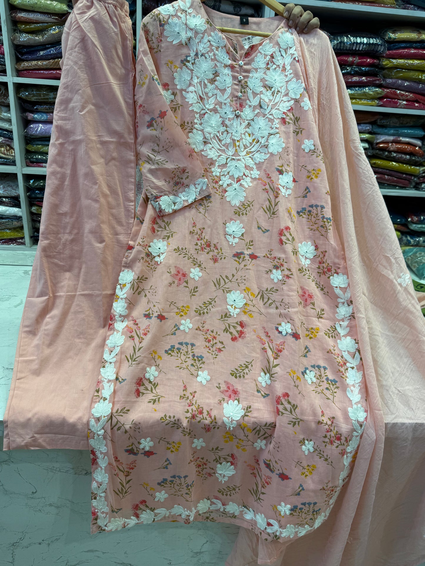 Baby Pink Chikankari Mul Cotton Straight Kurta with Pant and Dupatta-HSC160