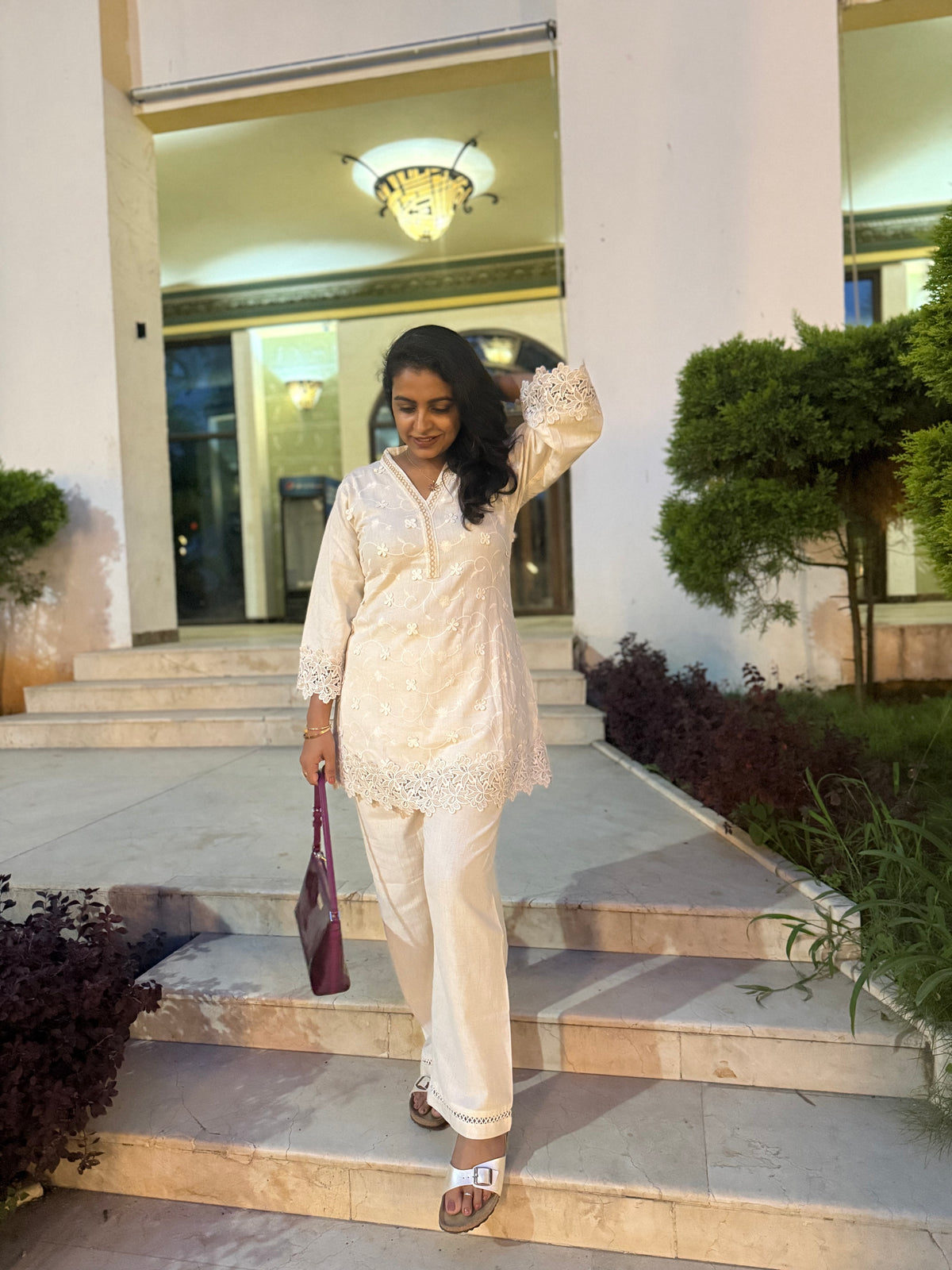 Cutwork Half White Pure Cotton Flex Co-ords Set - HSC1183