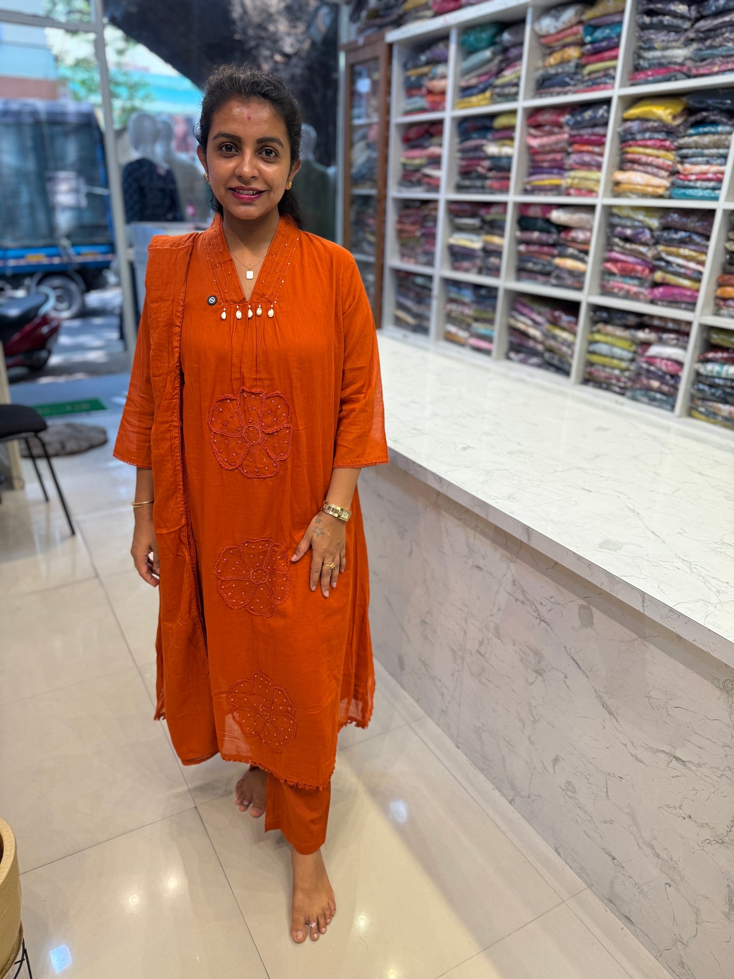 Rust Orange Pure Mul Cotton Embroidery Flower Kurti With Pant and Dupatta-HSC78