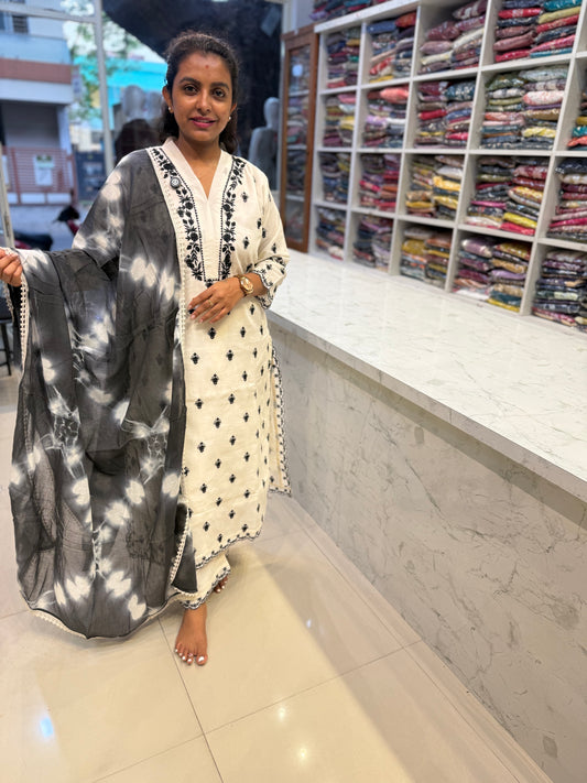 Tie and Dye White and Black Pure Cotton Flex Kurti With Pant and Dupatta-HSC182