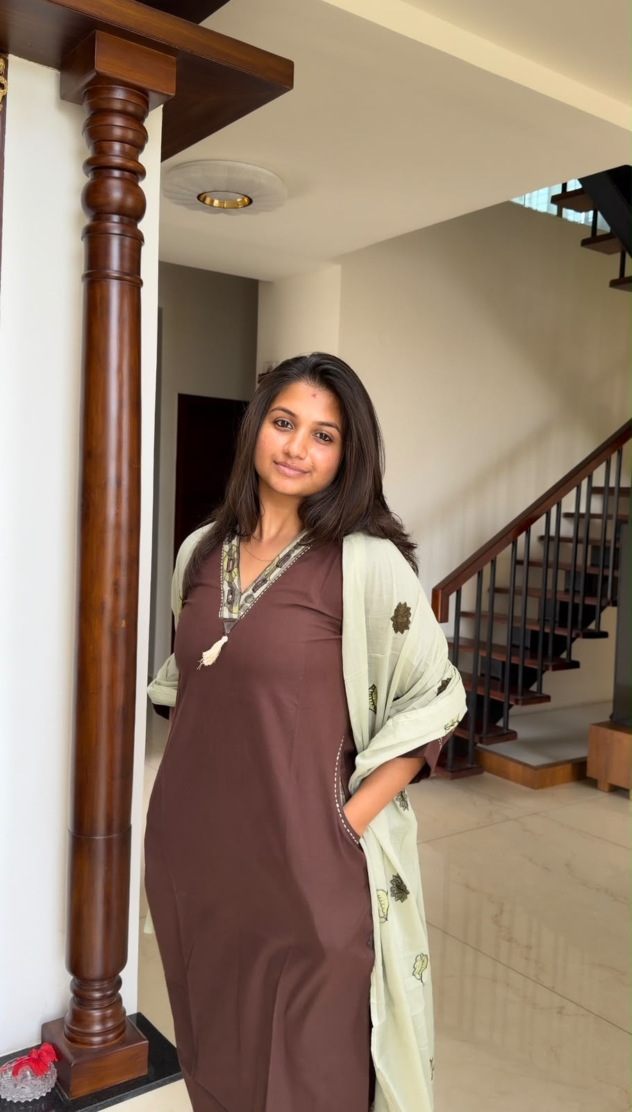 Brown Pure Cotton Kurti With Stripes Pant and Applique Dupatta -HSC1264