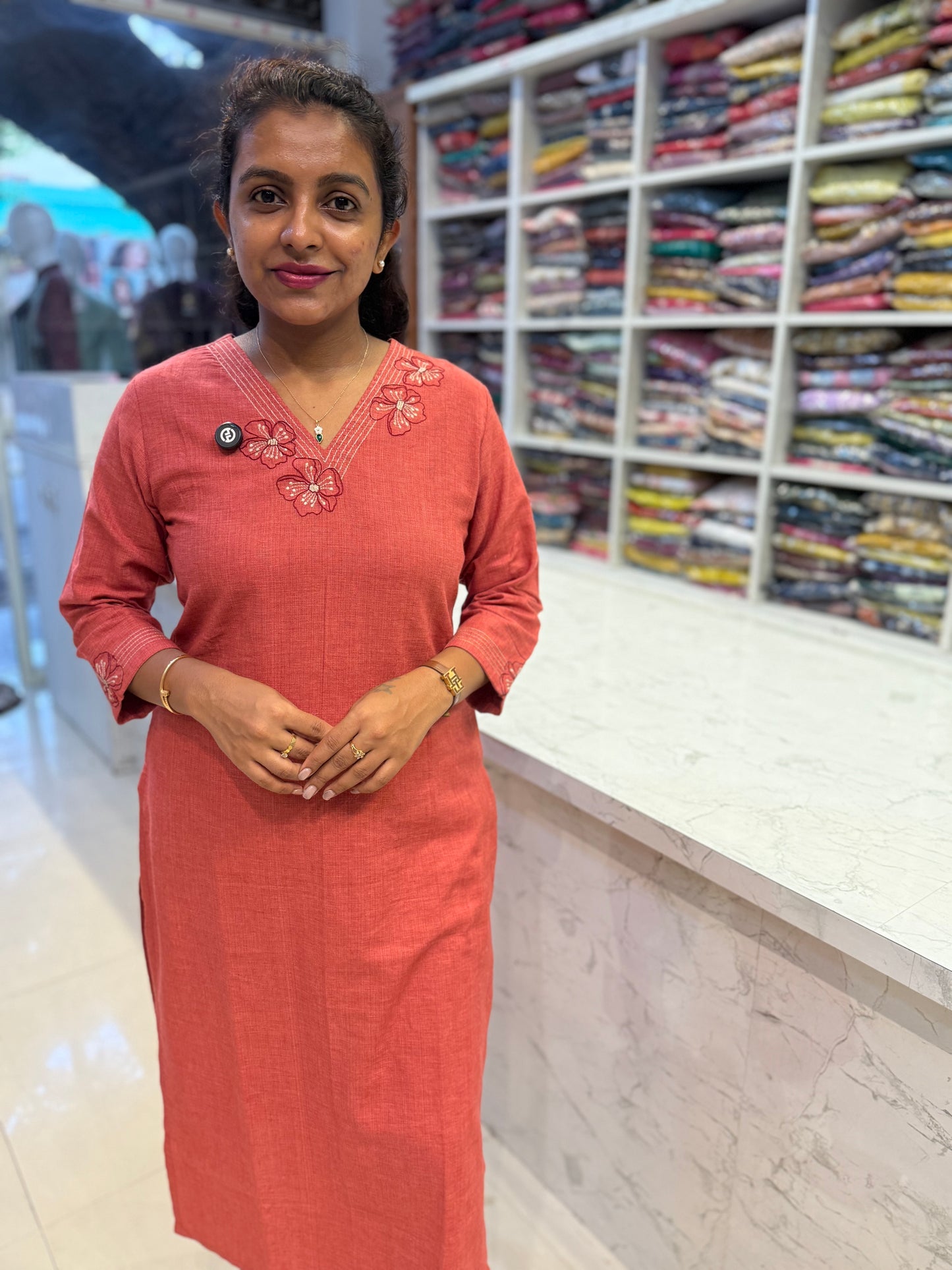 Coral Pink Embroidered Pure Cotton Straight Cut Kurti