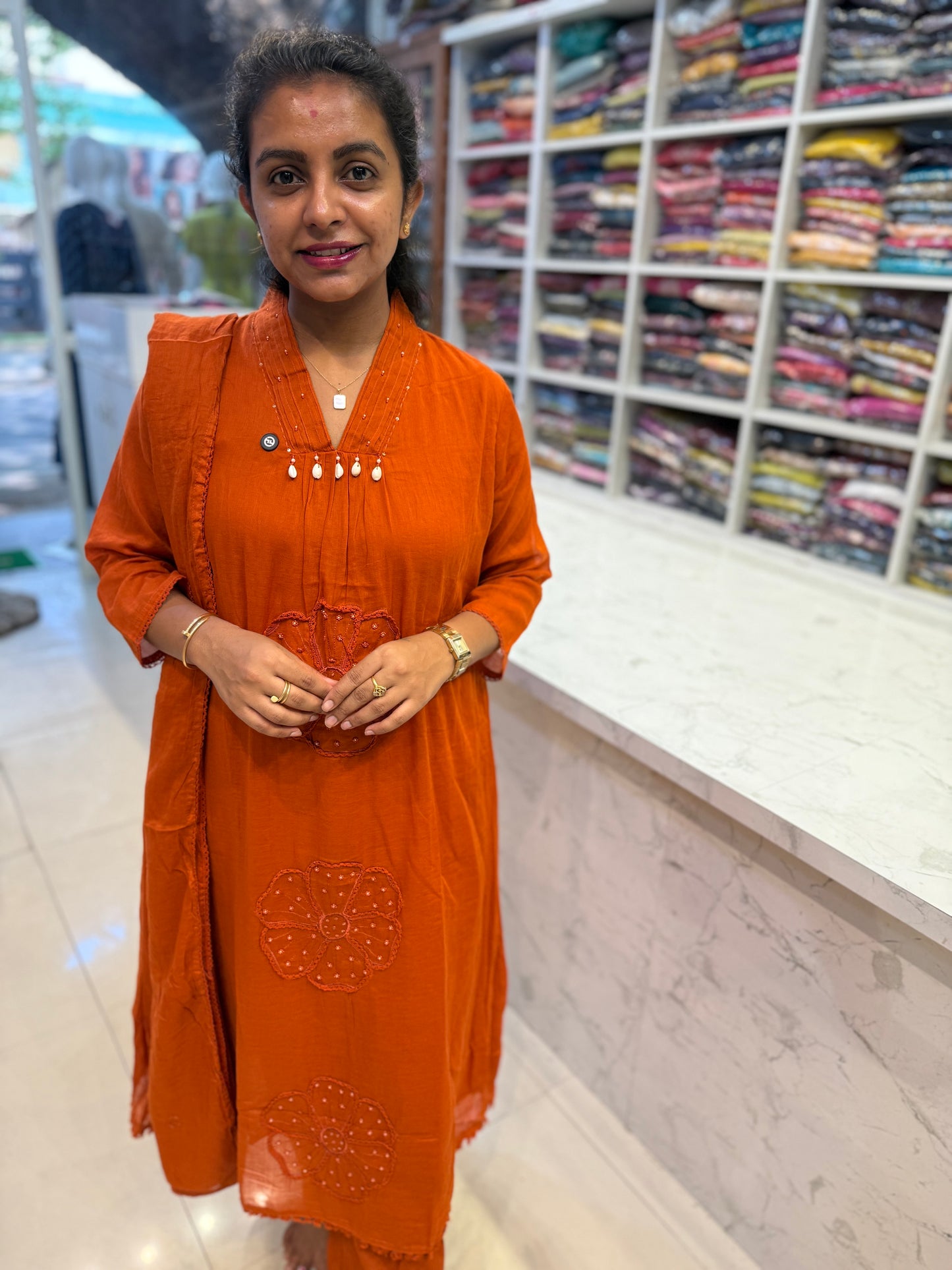 Rust Orange Pure Mul Cotton Embroidery Flower Kurti With Pant and Dupatta-HSC78