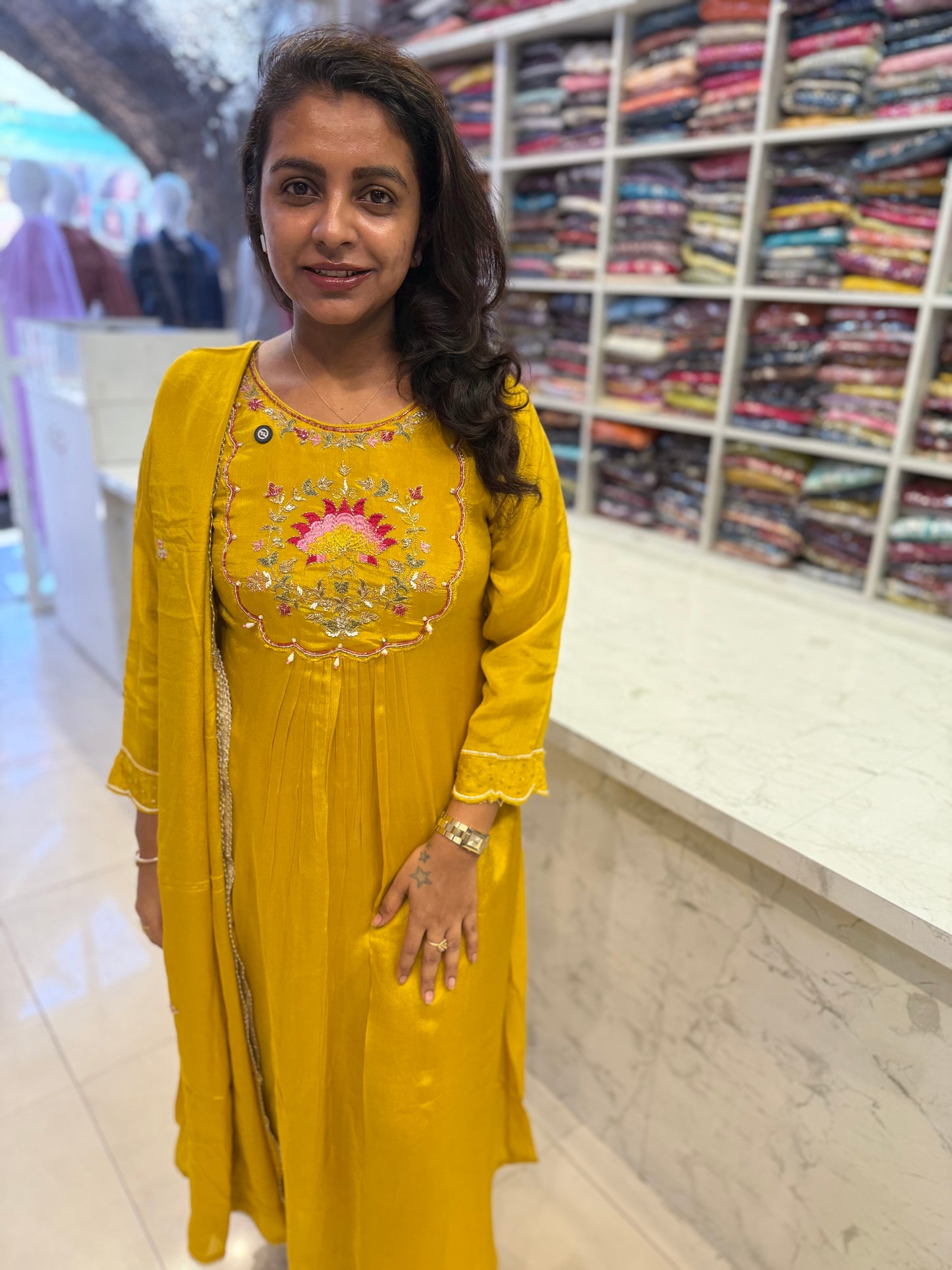 Yellow Pure Chinnon Kurti With Pant and Dupatta