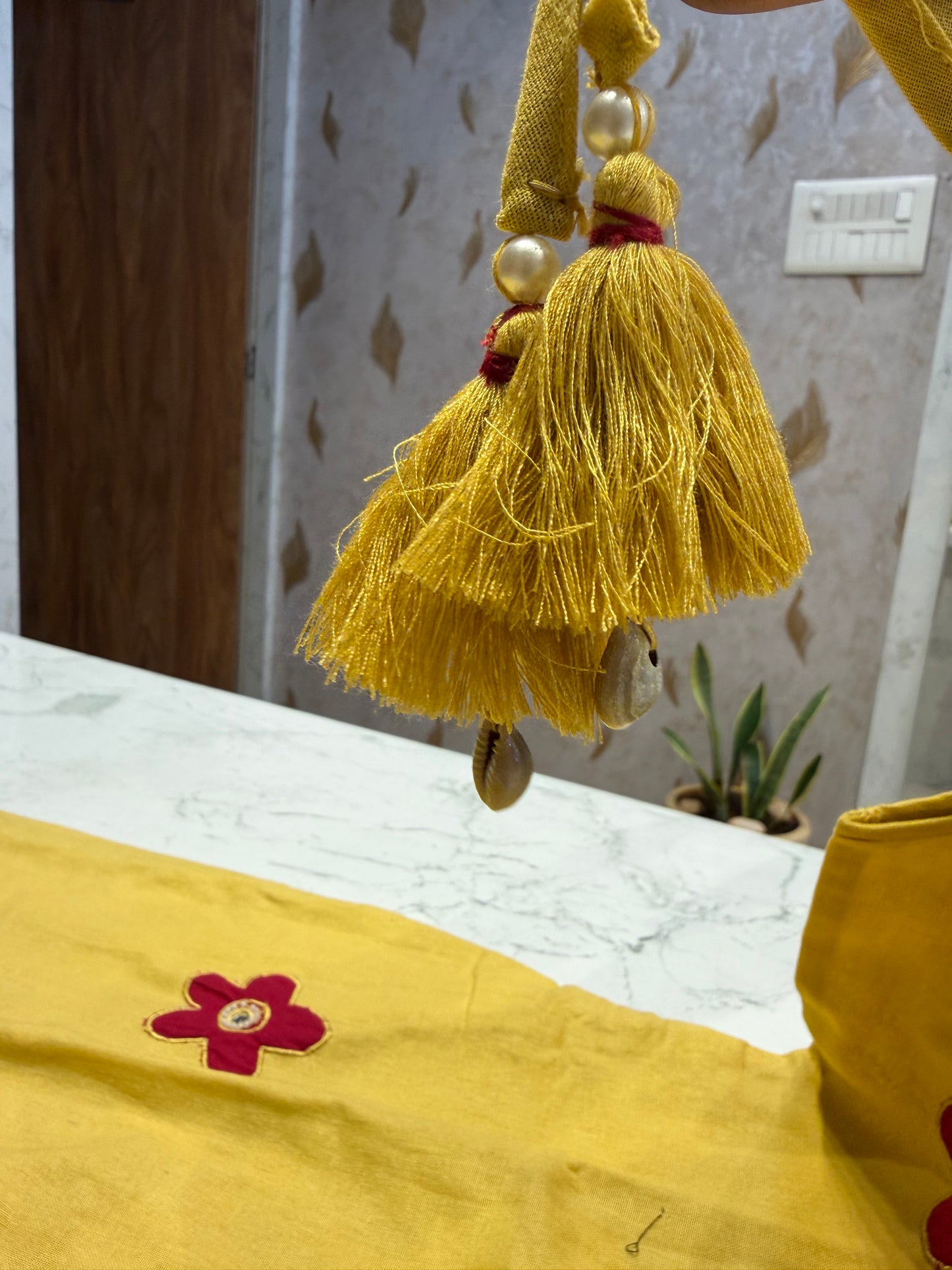 Yellow Cotton Flex Applique Kurti With Pant and Dupatta-HSC170