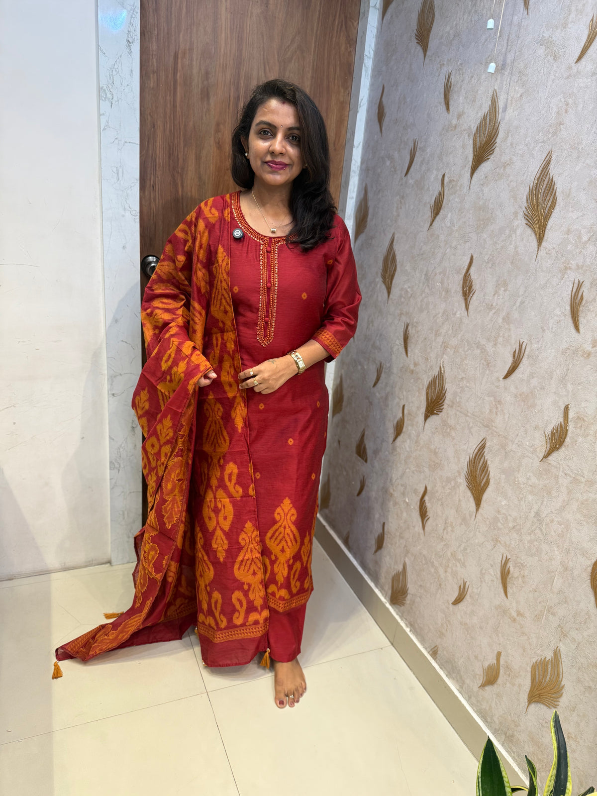 Ikkat Pure Silk Kurti With Pant and Dupatta -HSC1319