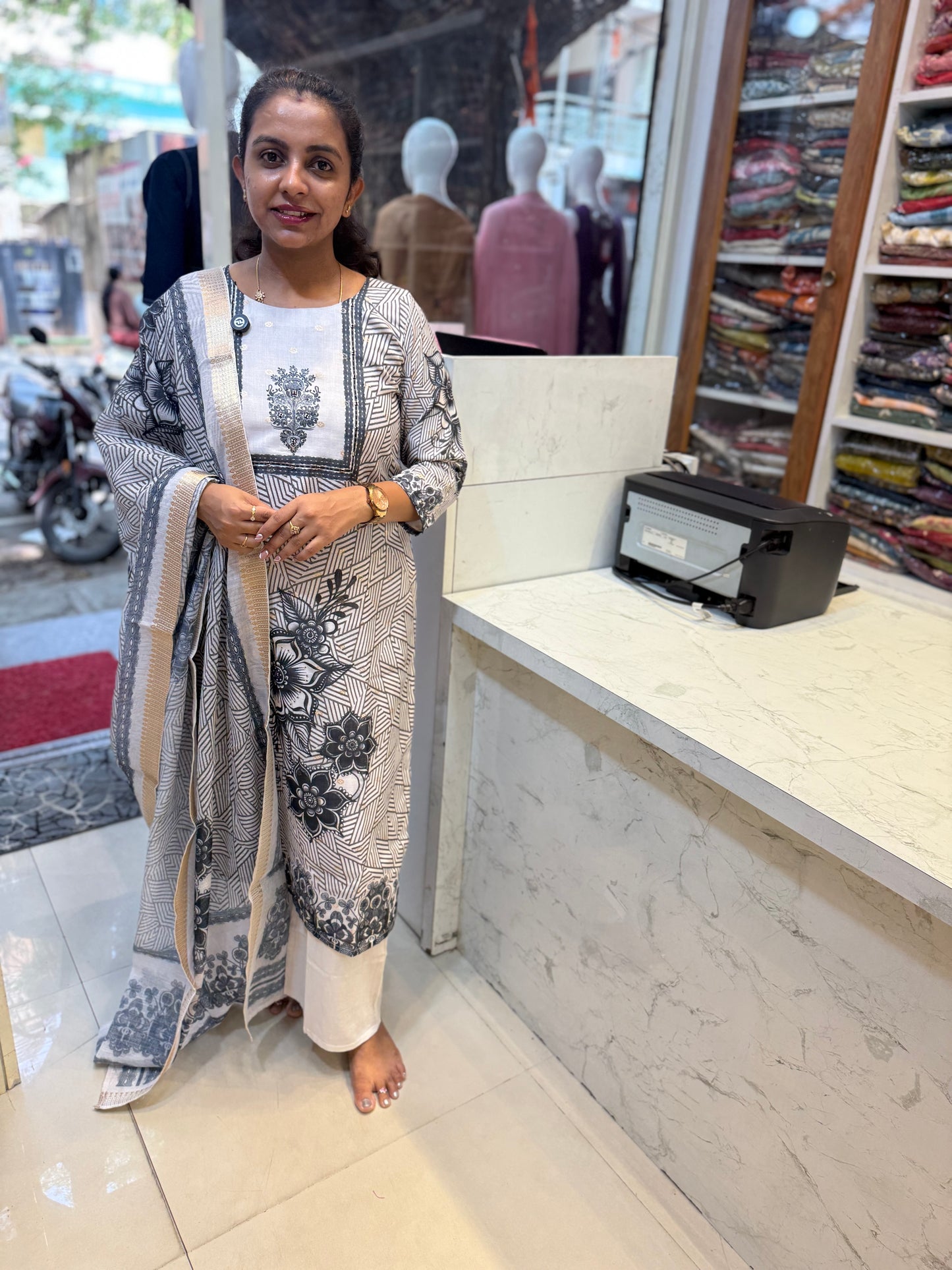 Pure Linen Black and White Printed Kurti With Pant and Dupatta-HSC118