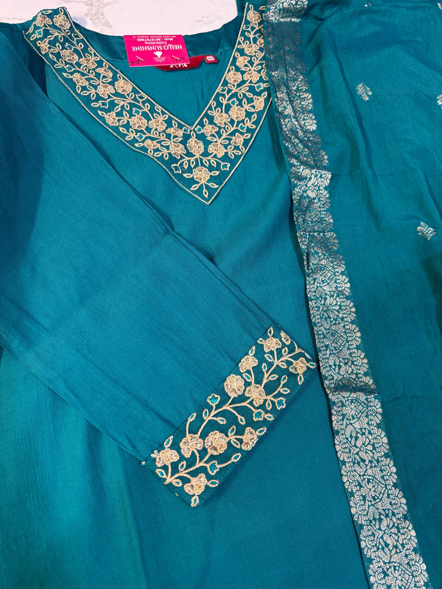 Pure Silk Embroidery Kurti With Pant and Dupatta