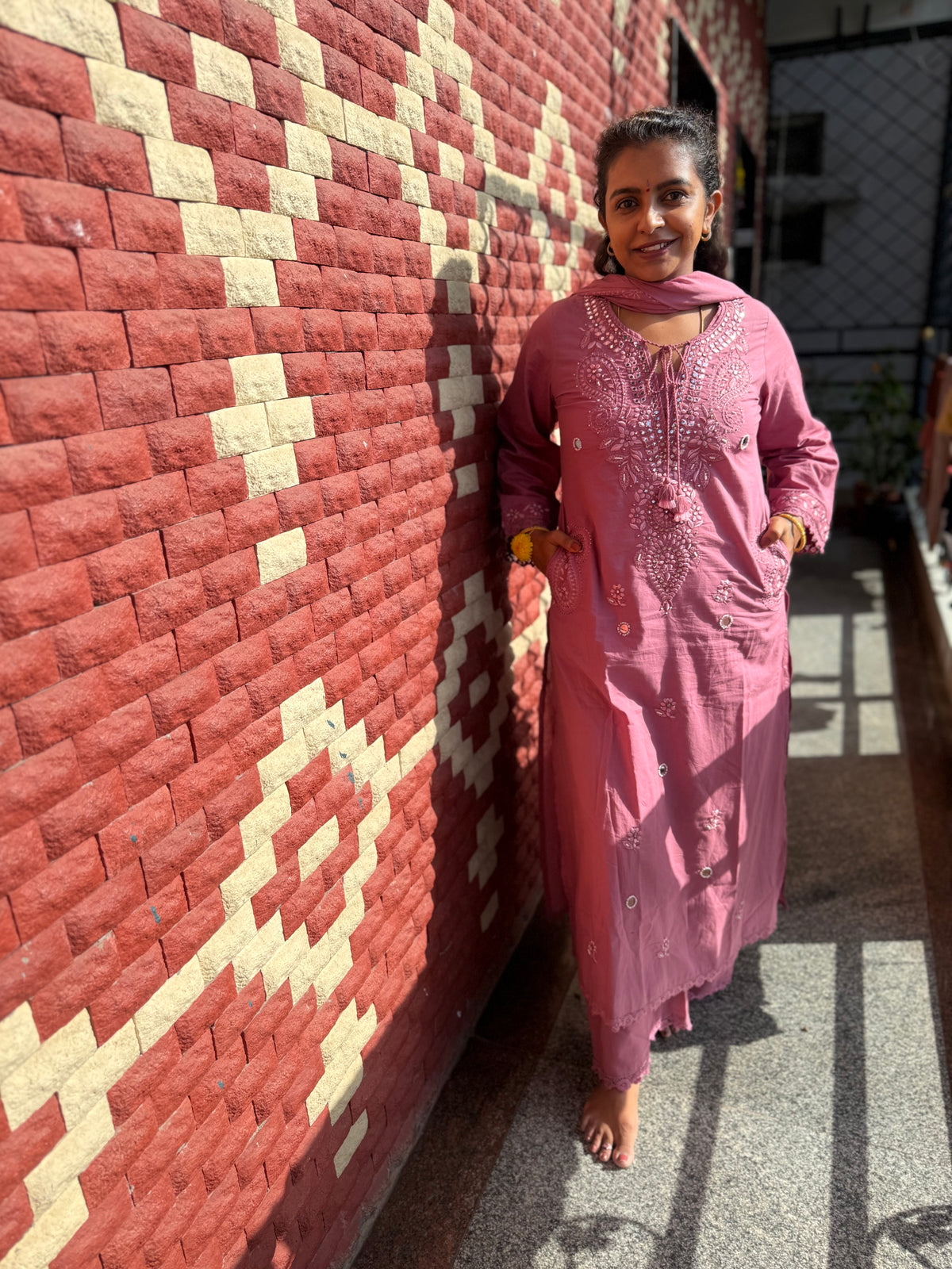 Thread Embroidery Two sides pockets Kurti With Pant and Dupatta - HSC1197