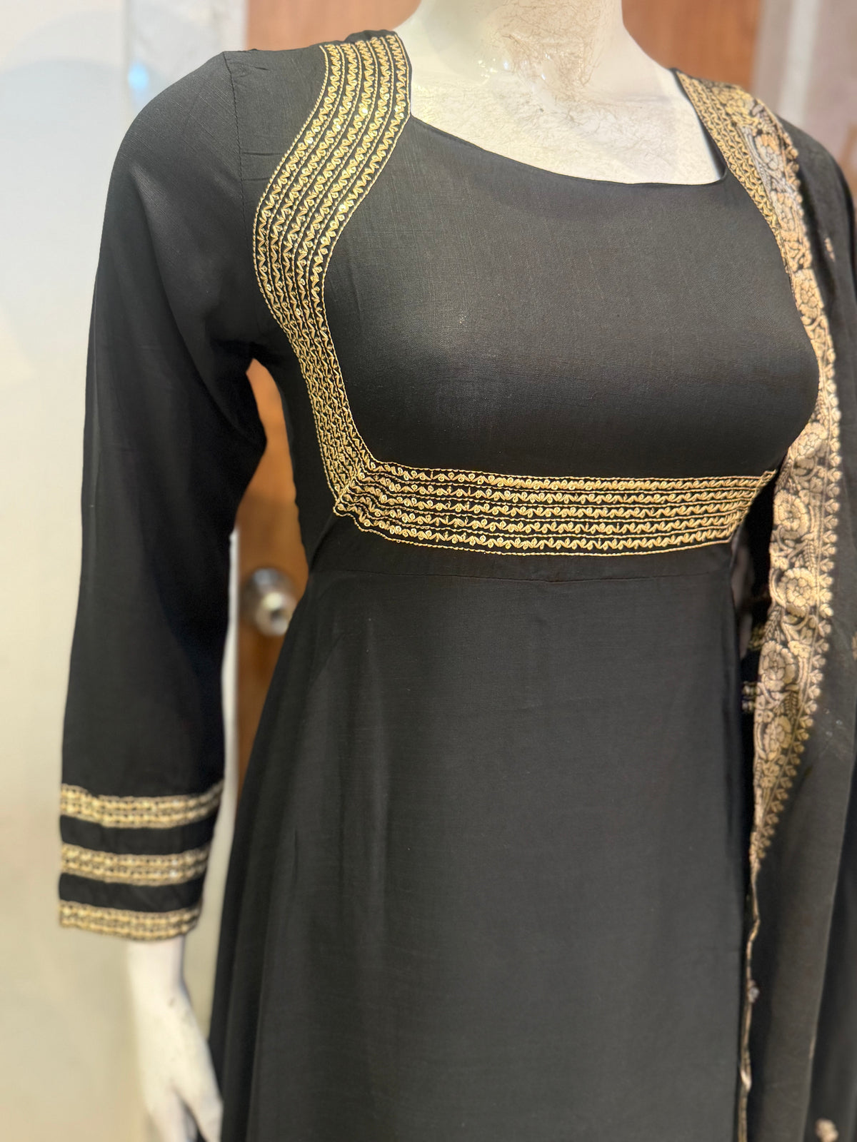 Free Earrings Black Anarkali Soft Rayon With Pant and Dupatta -HSC1201