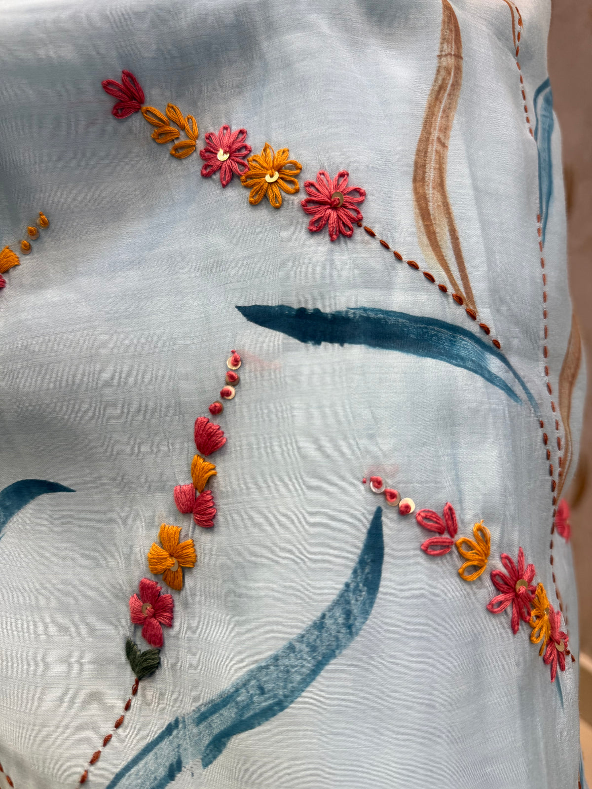 Powder Blue Pure Silk Thread Embroidery Kurti With Pant and Dupatta - HSC1180