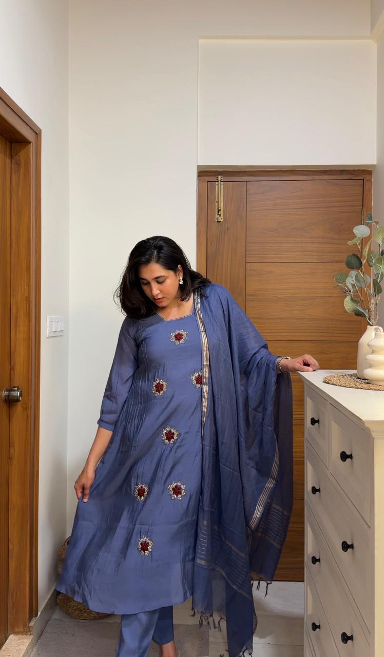 Blue Pure Mul Chanderi Hand Embroidery A-line Kurti With Pant and Dupatta -HSC1214