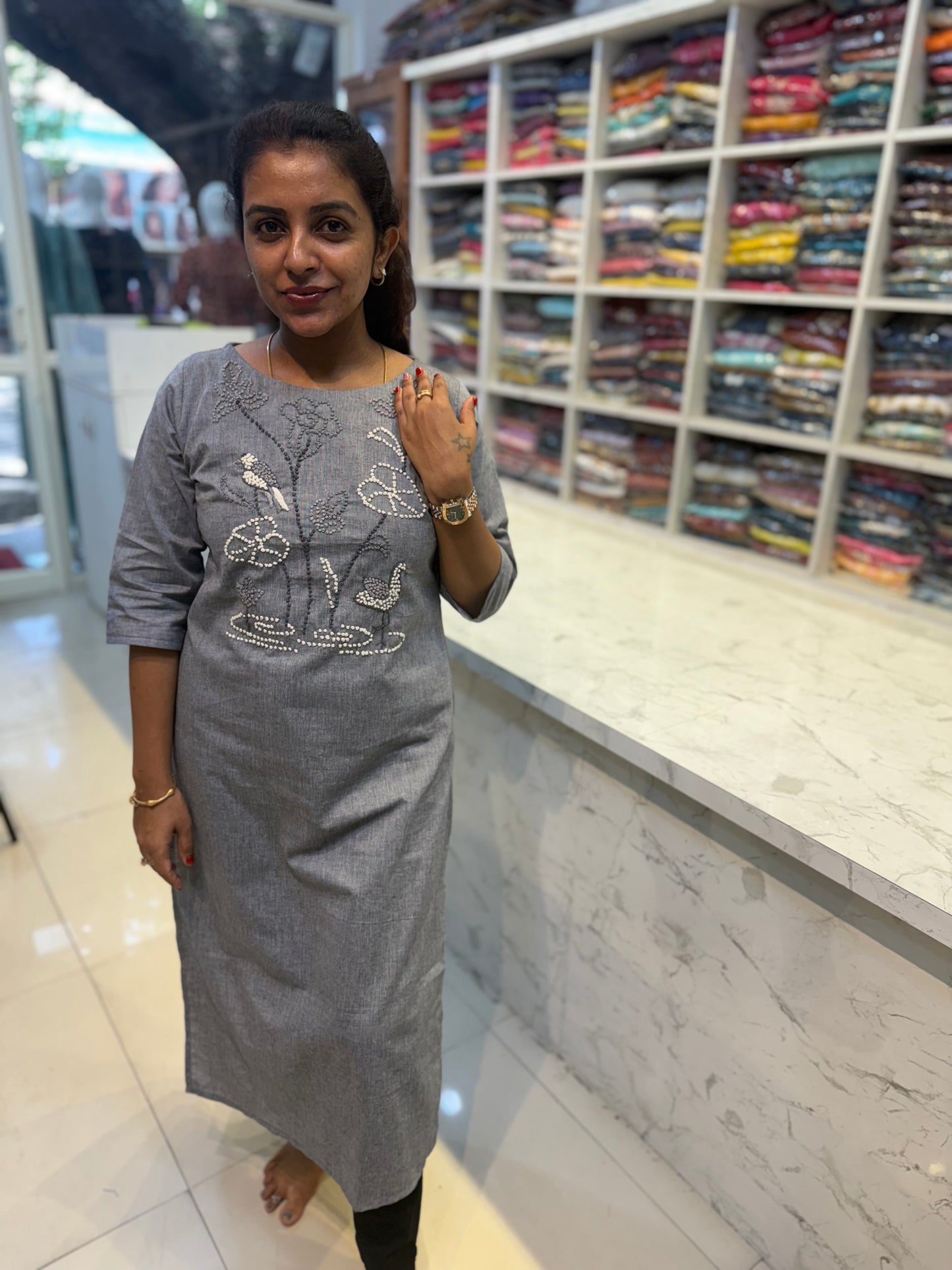 Grey Pure Cotton Bird Embroidery Kurti