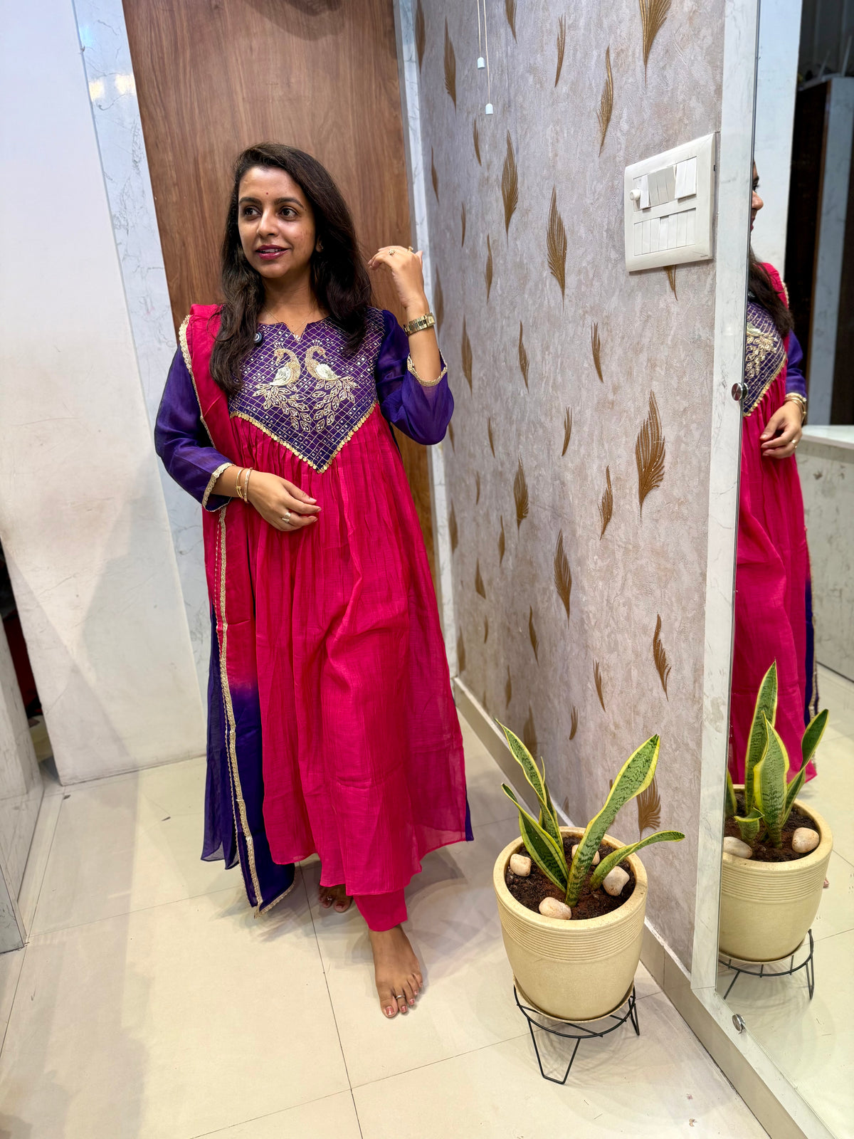 Pink Pure Banarasi Mul Chanderi Hand Embroidery A-line Kurti With Pant and Dupatta - HSC1179