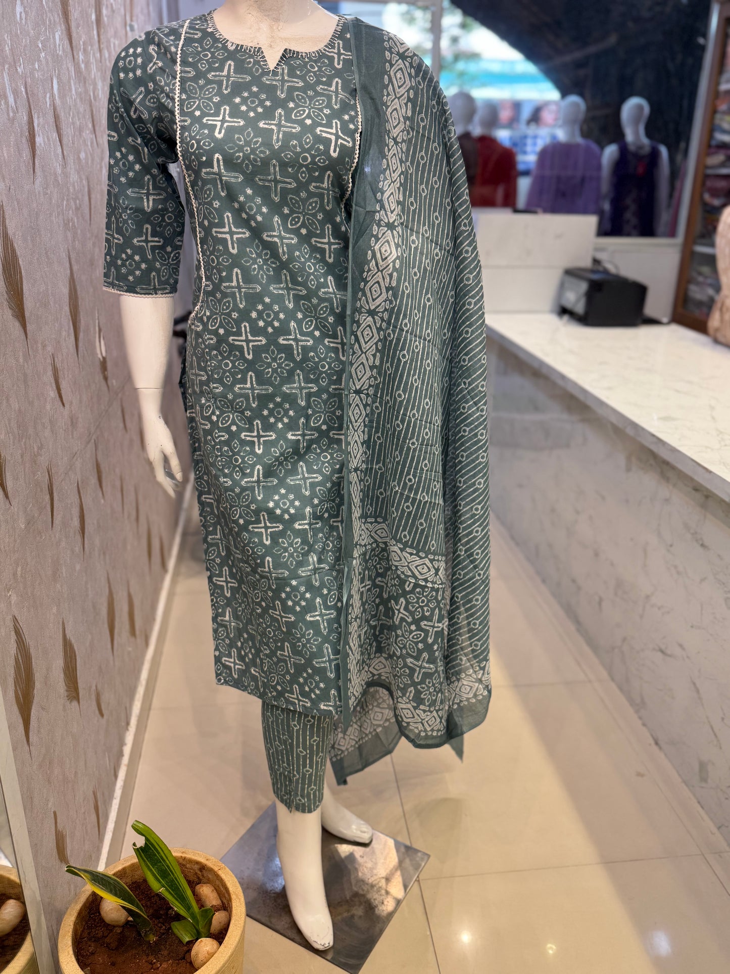Two sides pocket Batik Printed Pure Cotton Kurti With Pant and Dupatta-HSC105