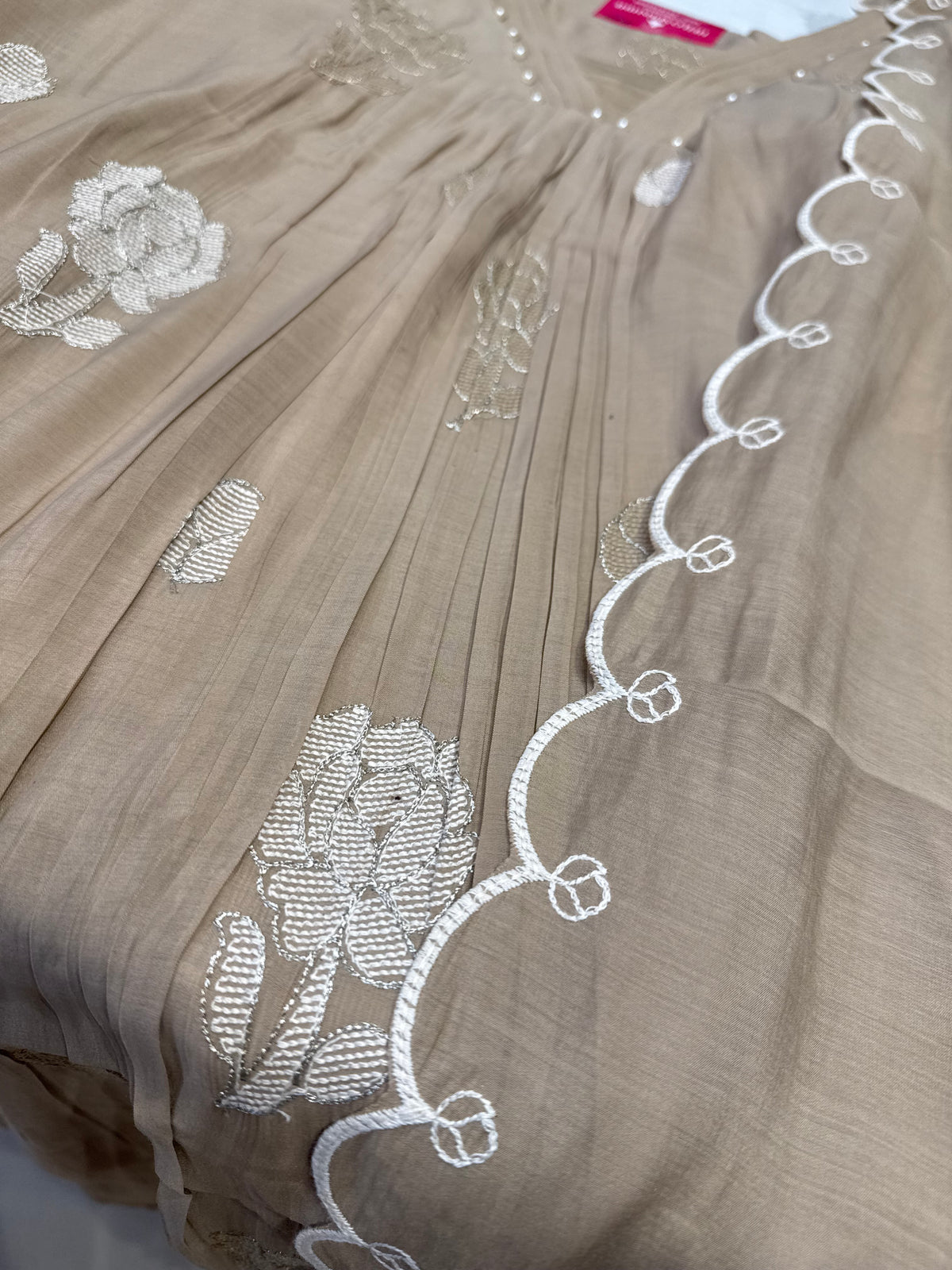 Beige Pure Silk Embroidery Kurti With Pant and Scallop Cutwork dupatta -HSC1204