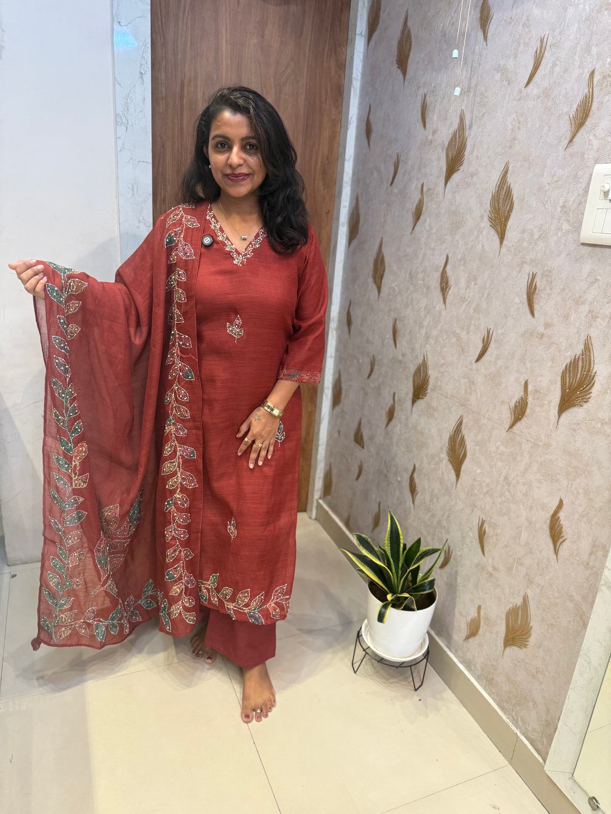 Marron Tissue Linen Katha Hand Embroidery Kurti With Pant and Dupatta -HSC1317