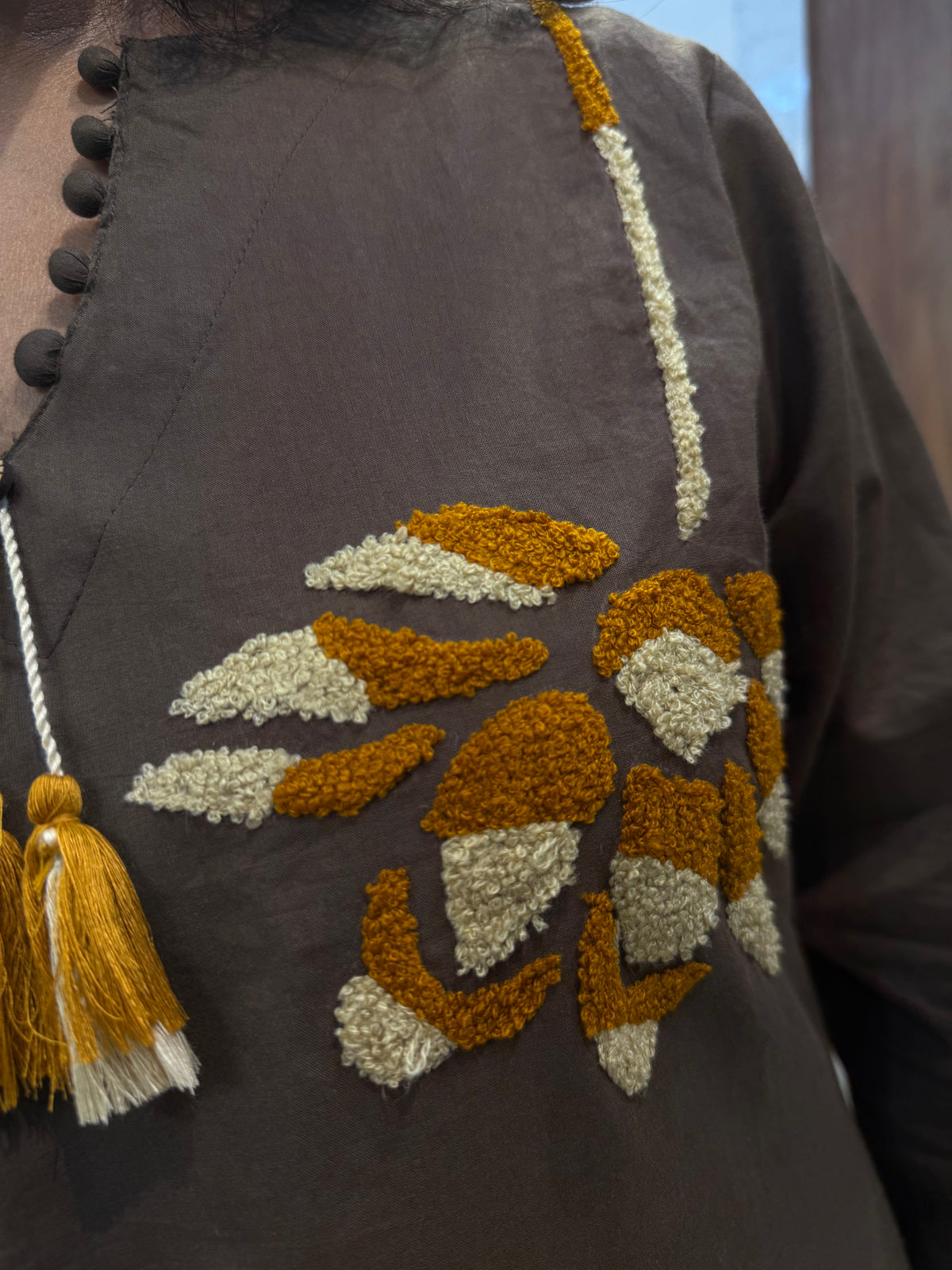 Brown Pure Cotton Embroidered Kurti With Pant and Dupatta -HSC1253
