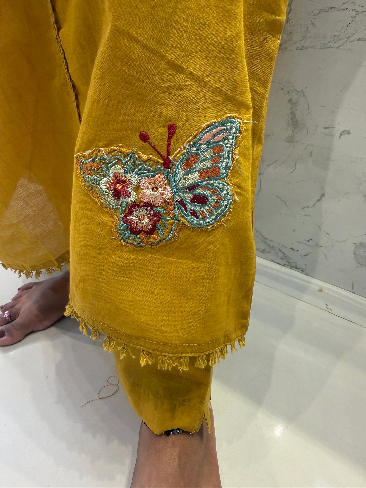Mustard Mul Cotton Embroidered Kurti With Pant and Dupatta