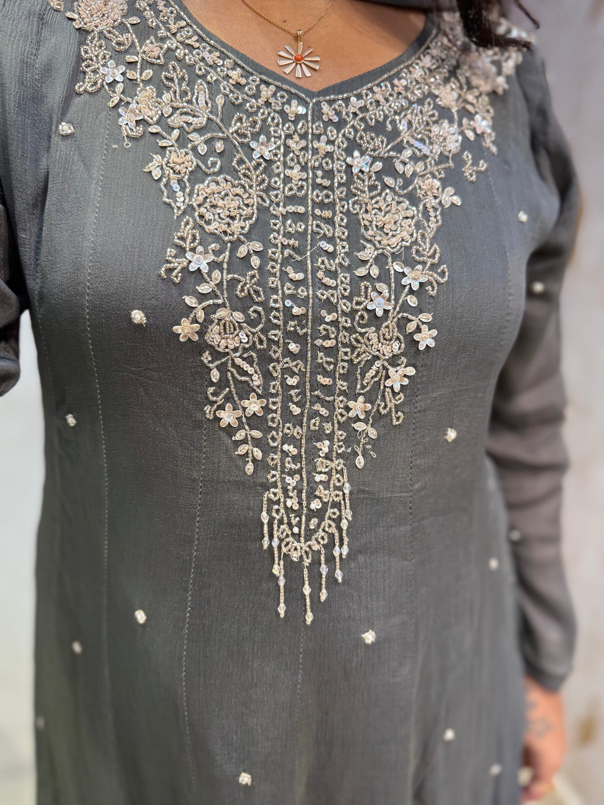 Grey Pure Chinnon Anarkali Hand Embroidery Kurti With Pant and Dupatta - HSC1177