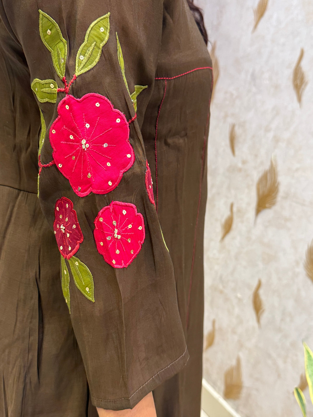Brown Embroidery A-line Kurti With Pant and Scallop Dupatta -HSC1204