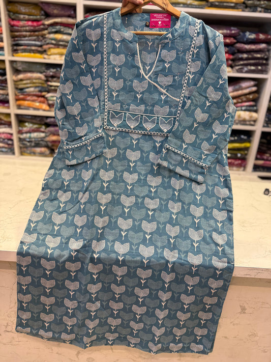 Printed Blue Pure Cotton Kurti
