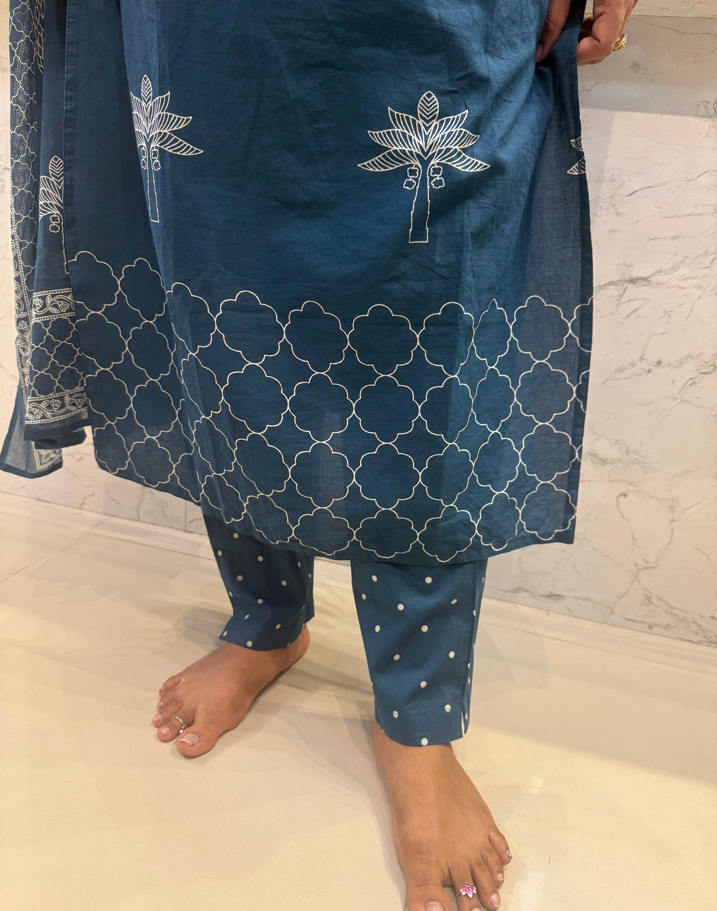 Polka Dot Printed Pure Cotton Kurti With Pant and Dupatta