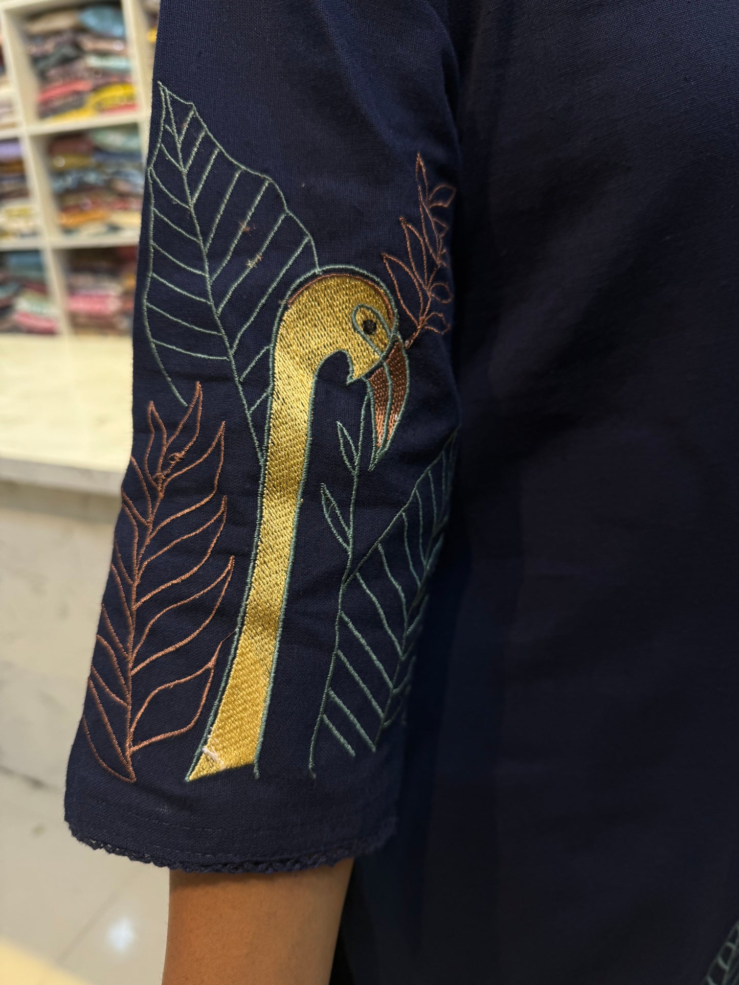 Bird Embroidery Cotton Flex Kurti with Pant And Dupatta