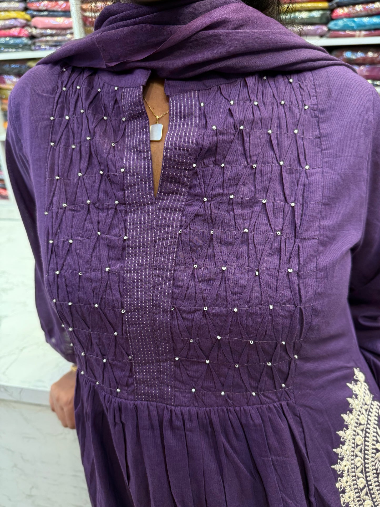 Two sides Pockets Embroidery Cotton Kurti With Pant and Dupatta-HSC29