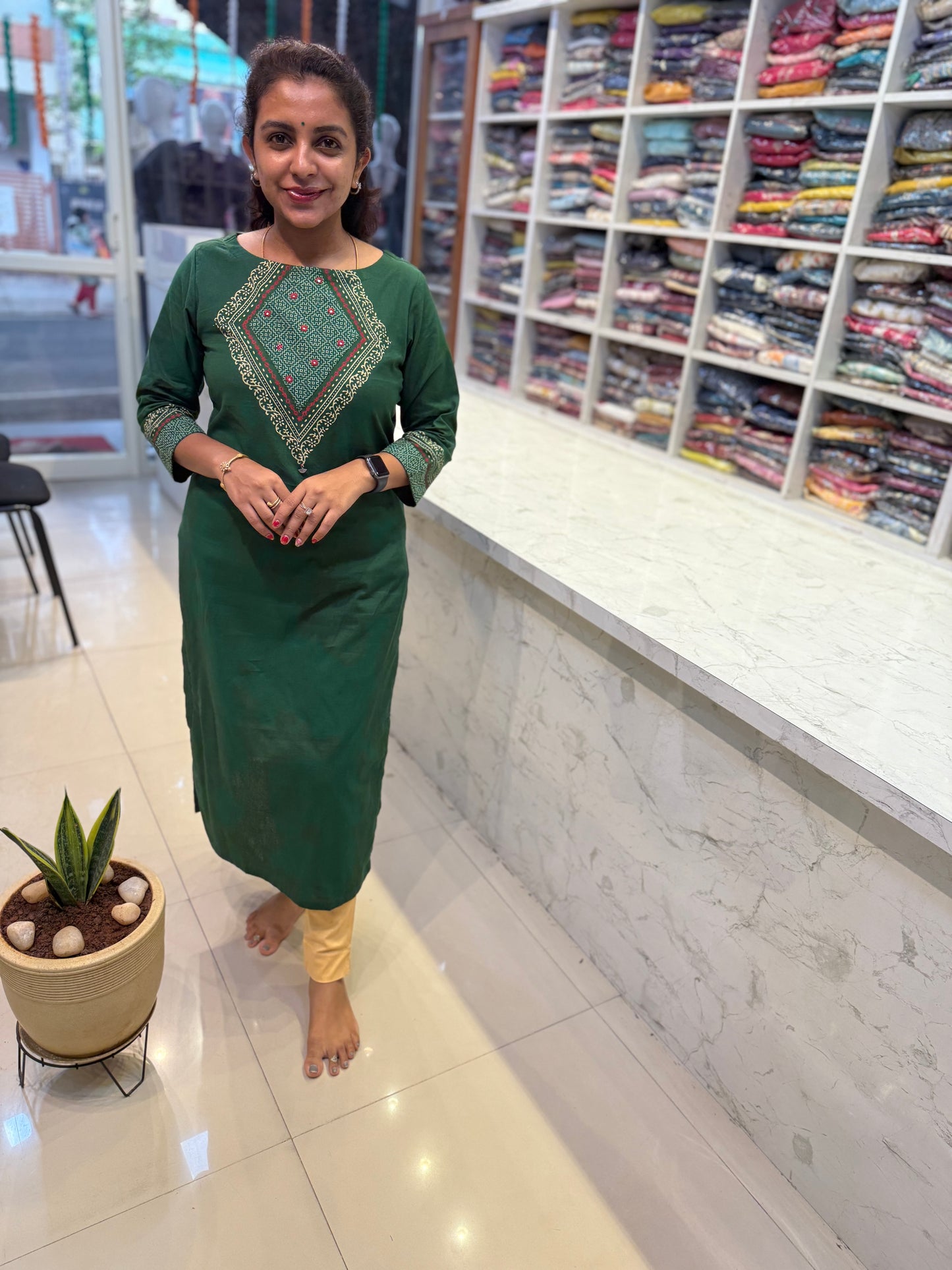Green Block Printed Cotton Kurti