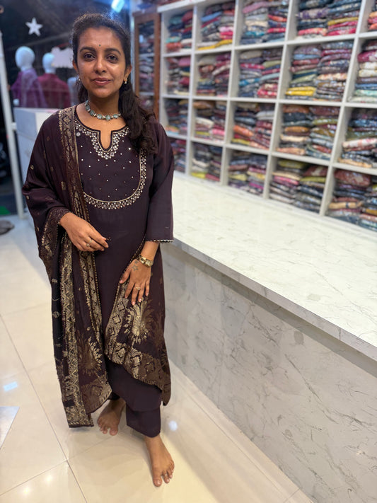 Hand Work Roman Silk Kurti With Pant and Jaqucard Dupatta