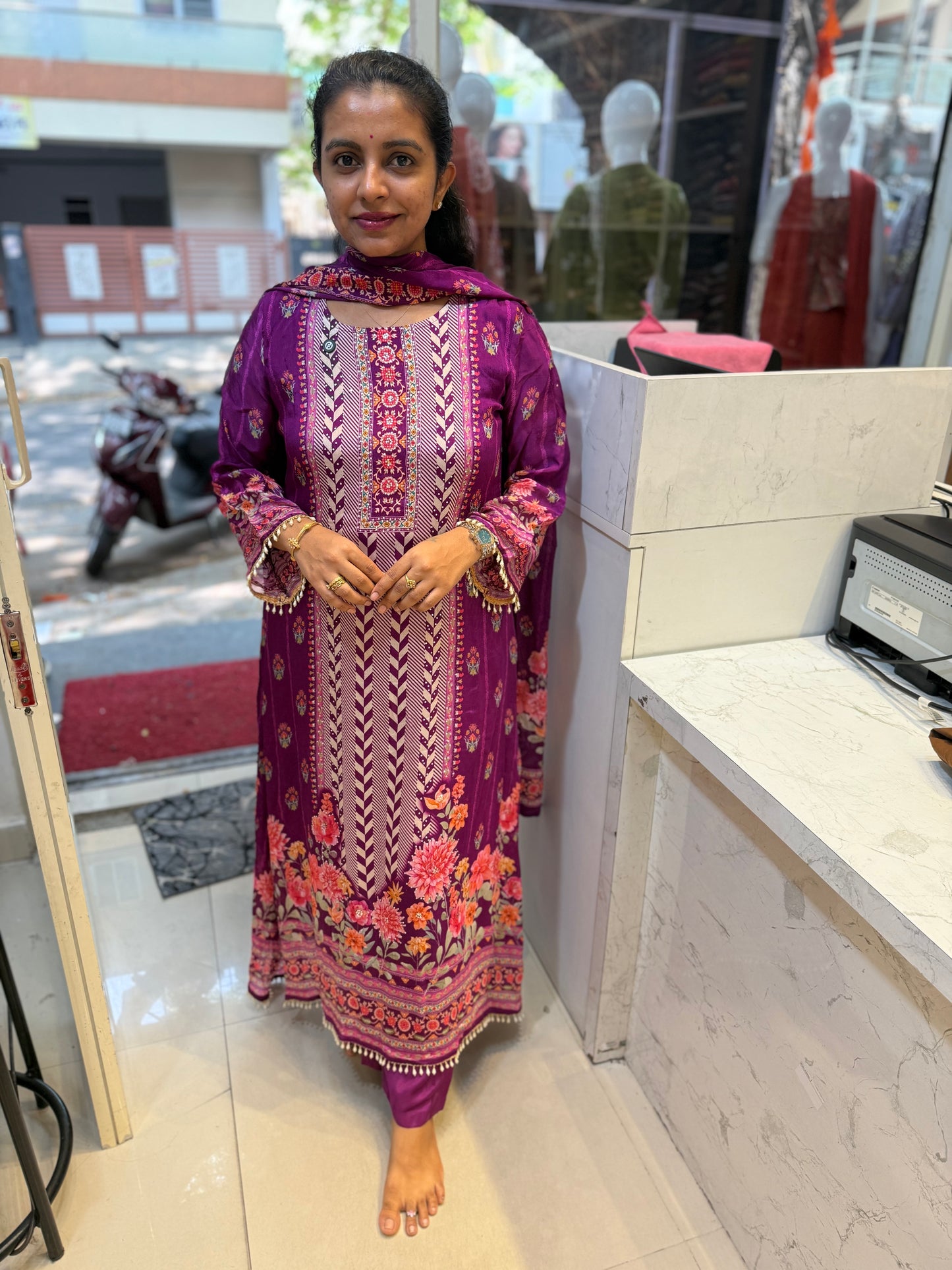Purple Designer A-line Kurti With Pant and Dupatta-HSC46