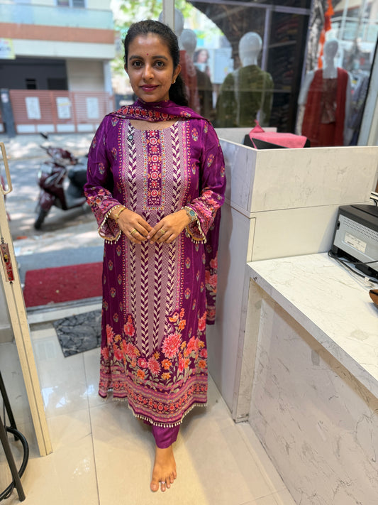 Purple Designer A-line Kurti With Pant and Dupatta-HSC46
