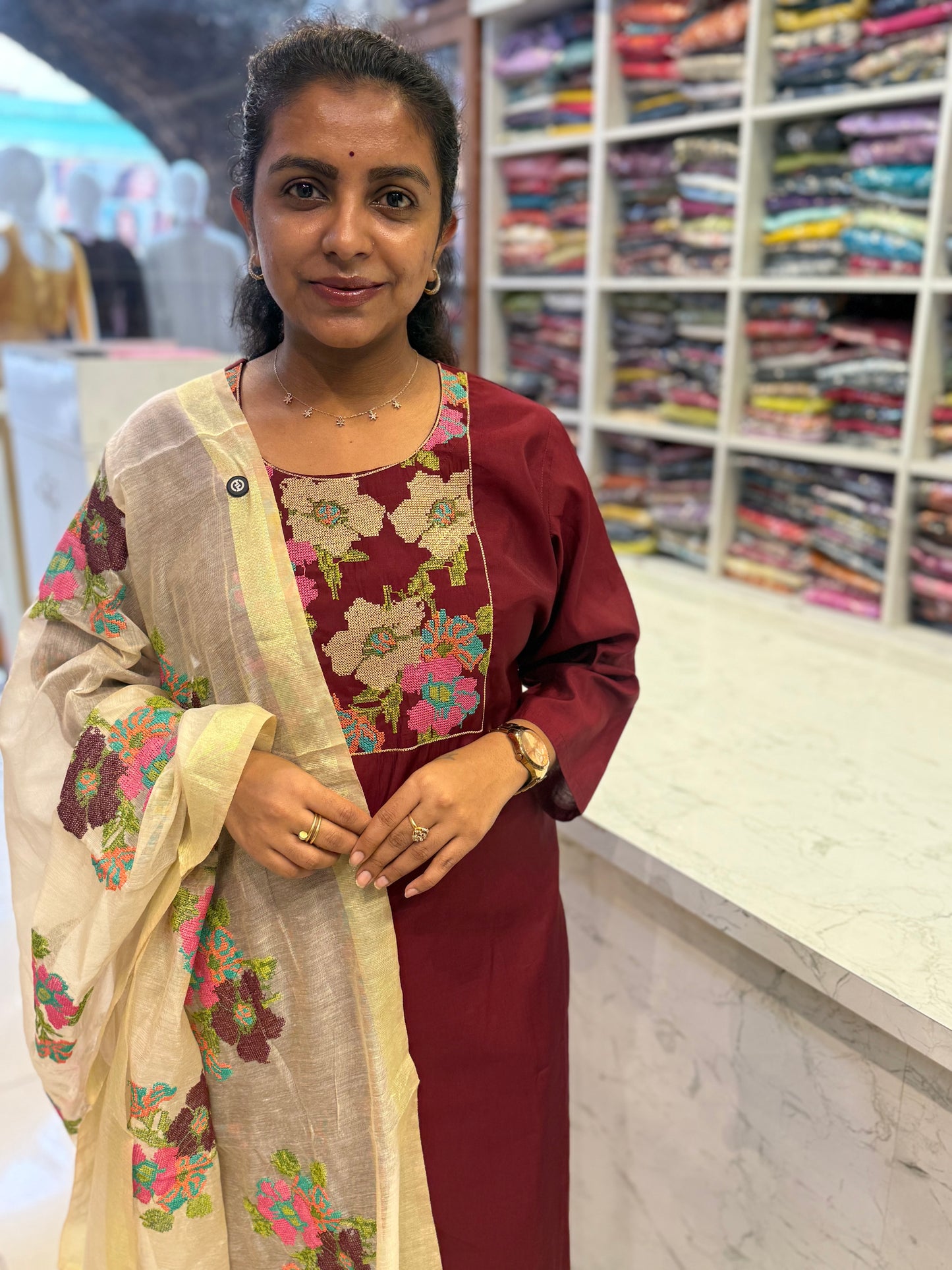 Pure Silk Crosstich work Kurti With Pant and Dupatta