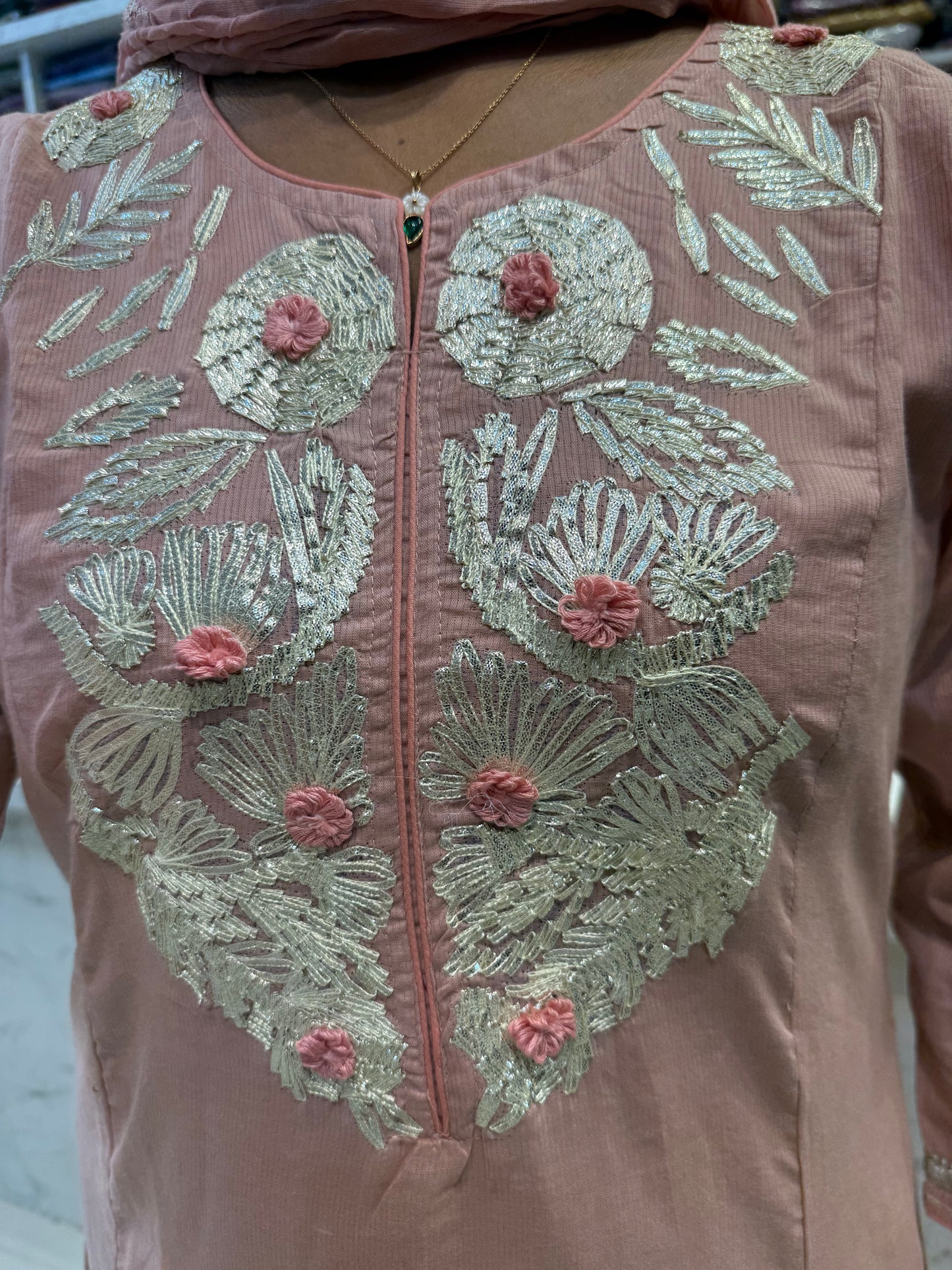 Dusty Peach Pure Mul Cotton Kurti With Pant and Dupatta