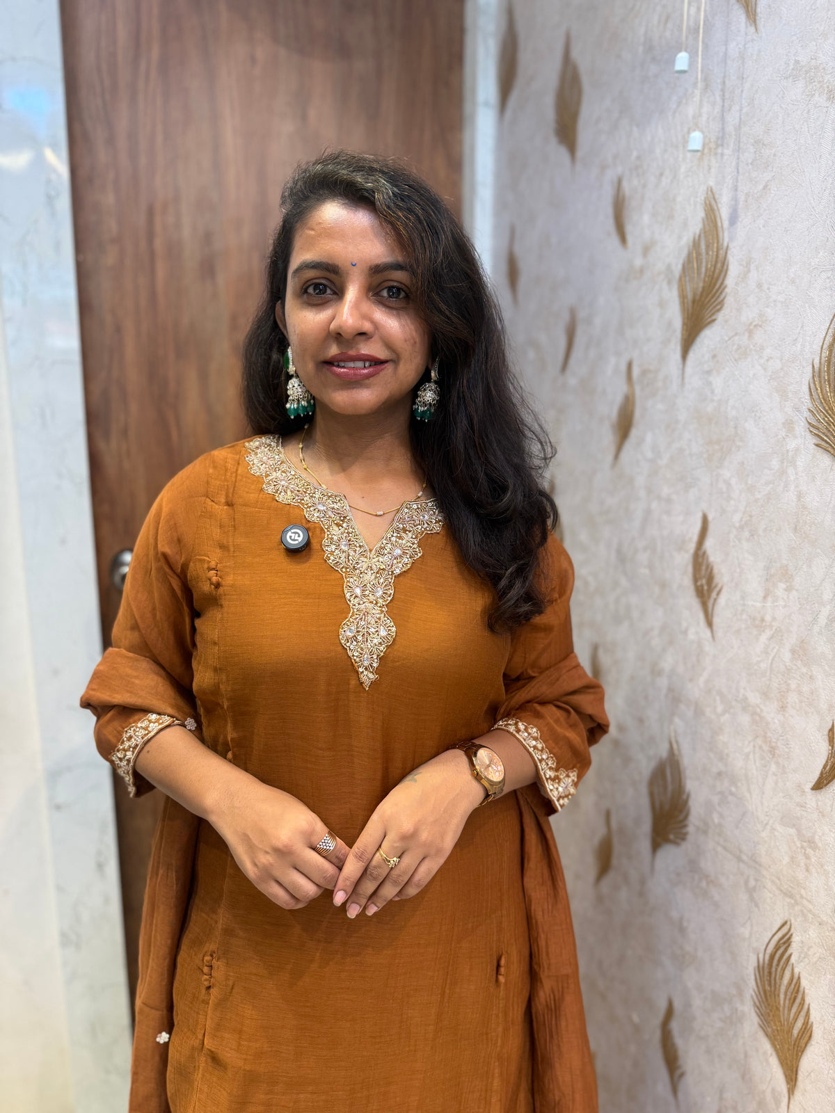 Brown Hand Embroidery Pure Banarasi Mul Chanderi Kurti With Pant and Dupatta -HSC1276