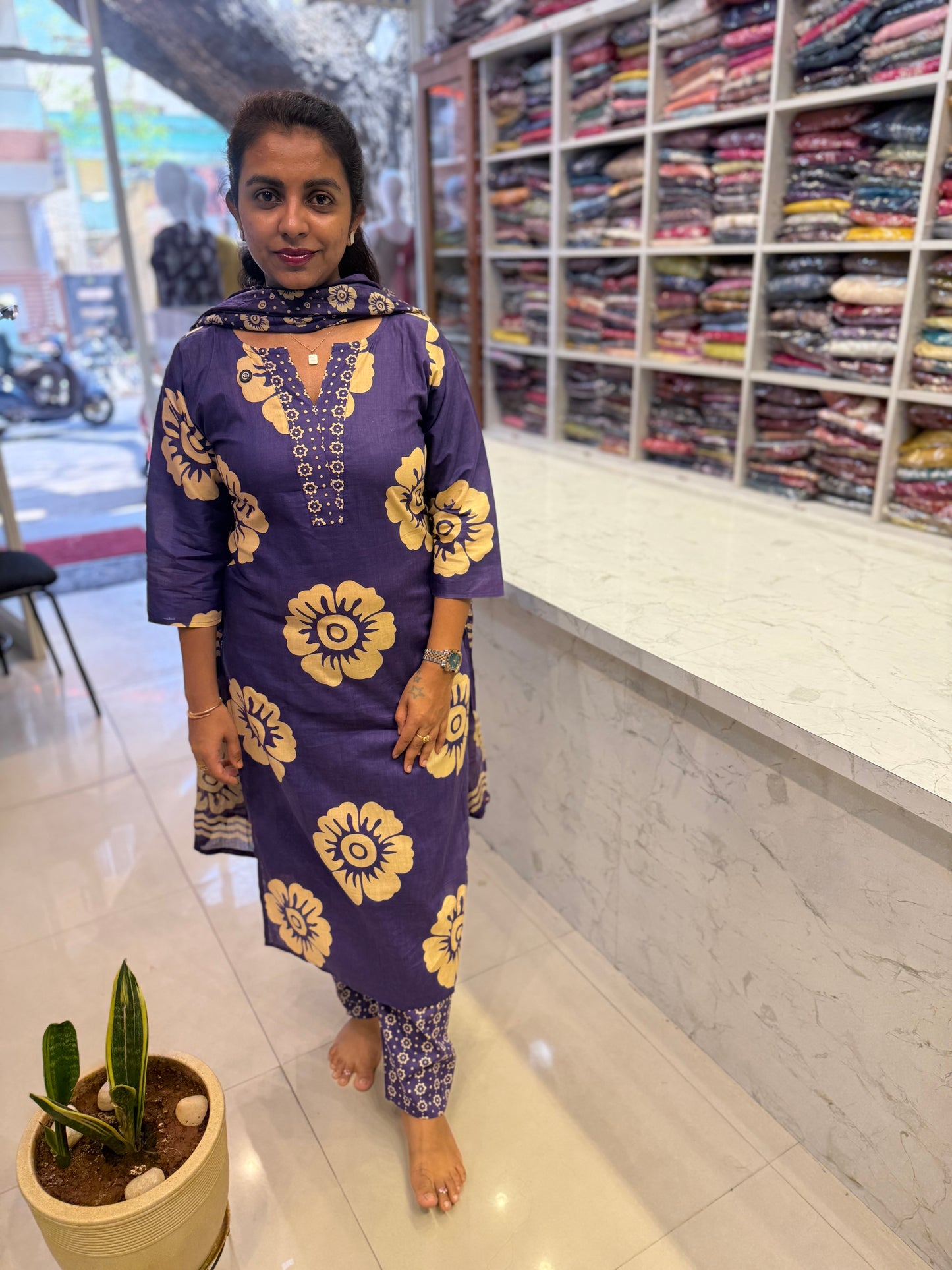 Floral Royal Purple Printed Kurti With Pant and Dupatta Kurti 4