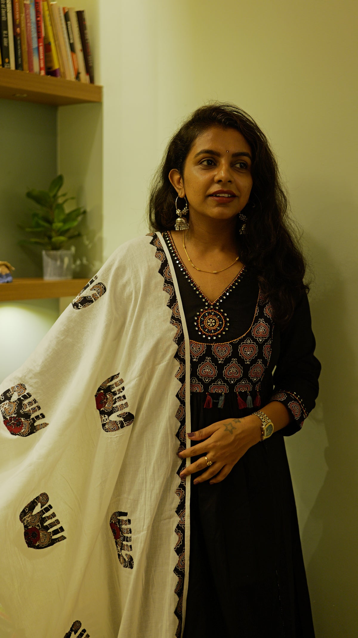 Elephant Black Applique Pure Cotton Kurti With Pant and Dupatta -HSC1262