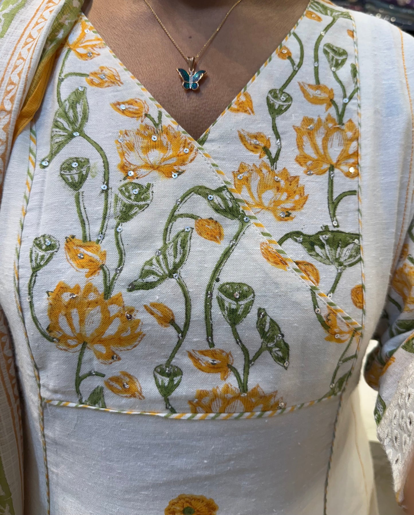 Premium Pure Linen A-line Block Printed Kurti with pant and Dupatta