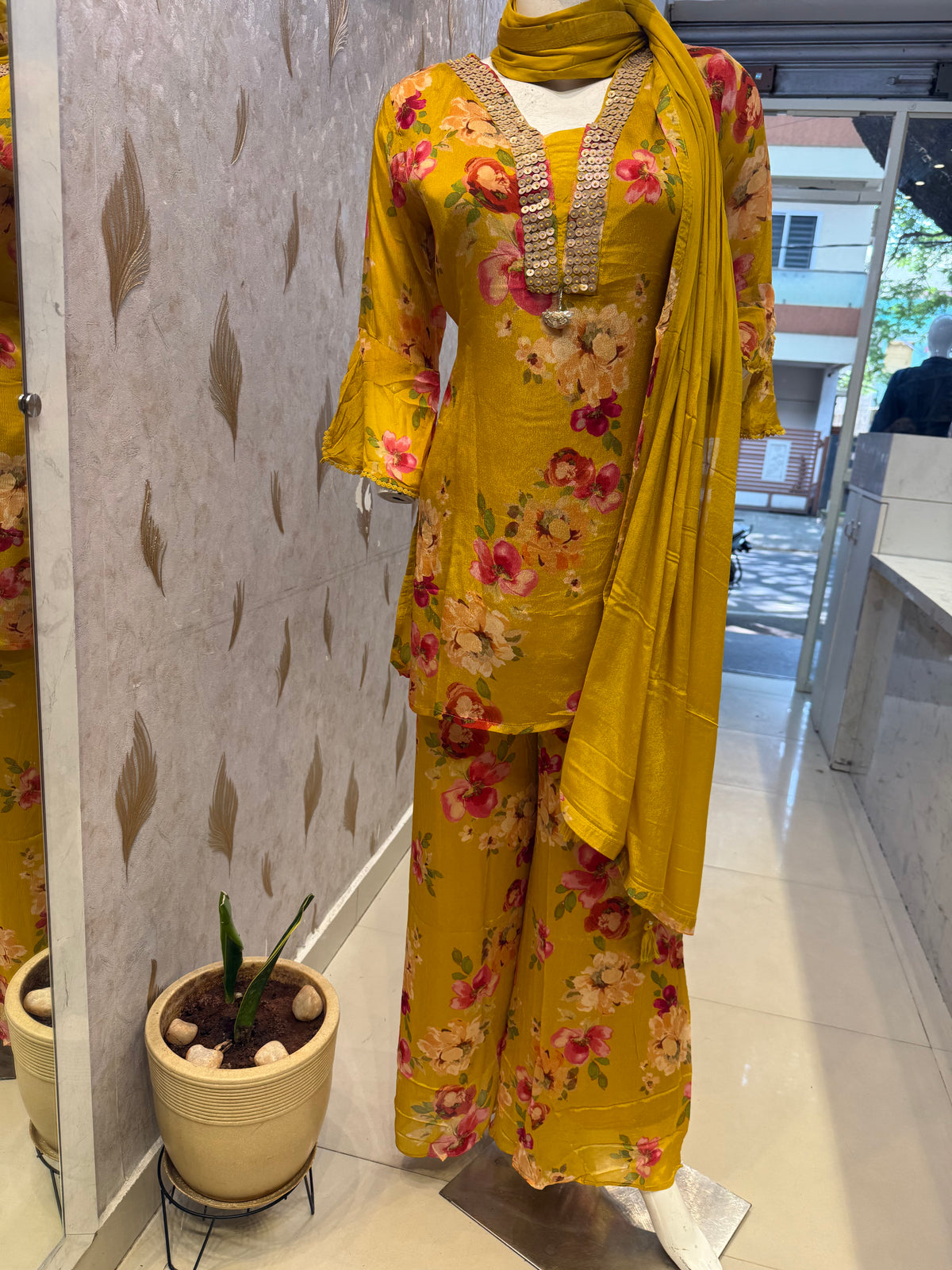 Mustard Yellow Floral Pure Chiffon Kurti With Pant-HSC1229