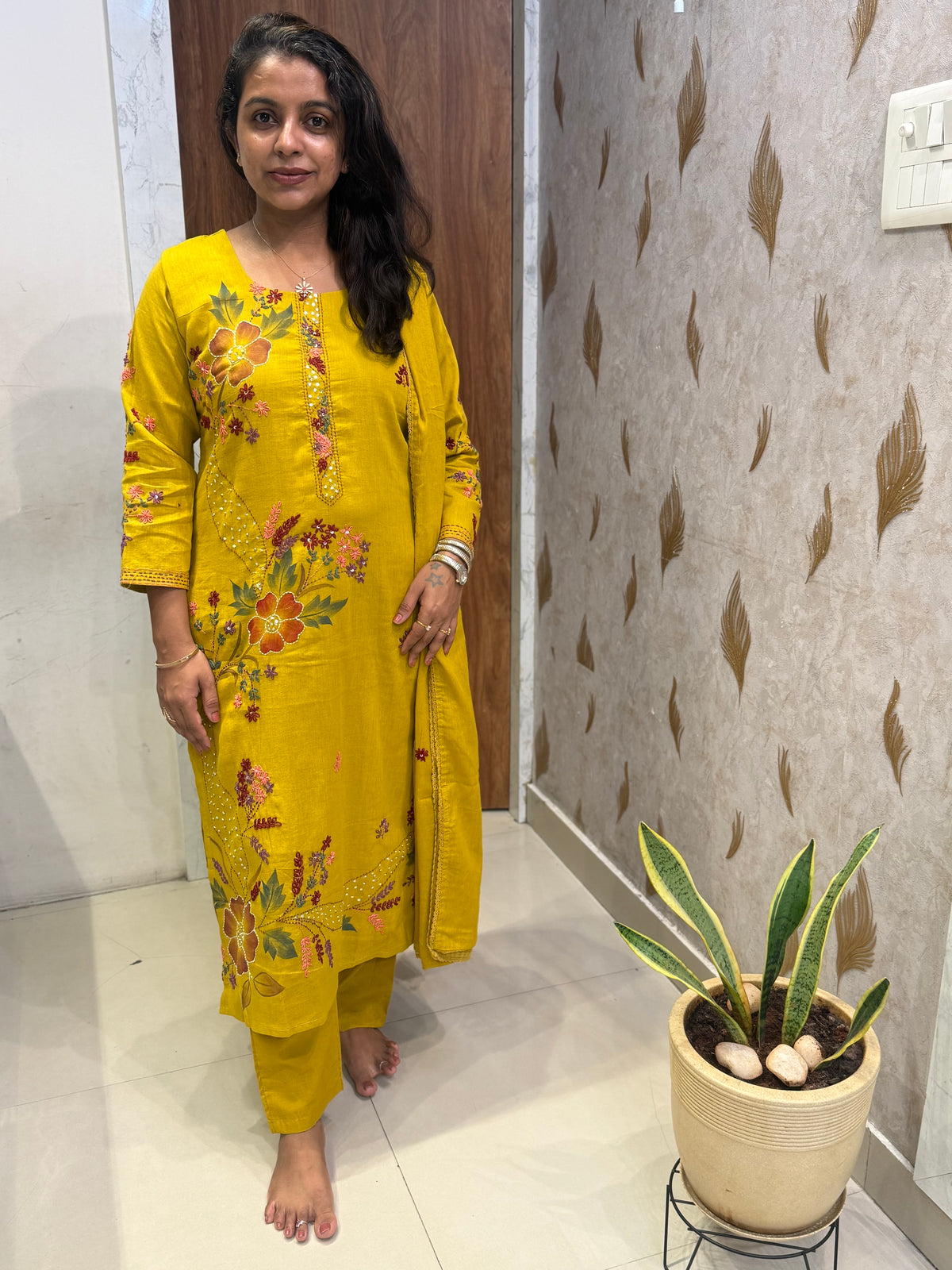 Mustard Hand Thread Embroidery Kurti With Pant and Dupatta - HSC1181
