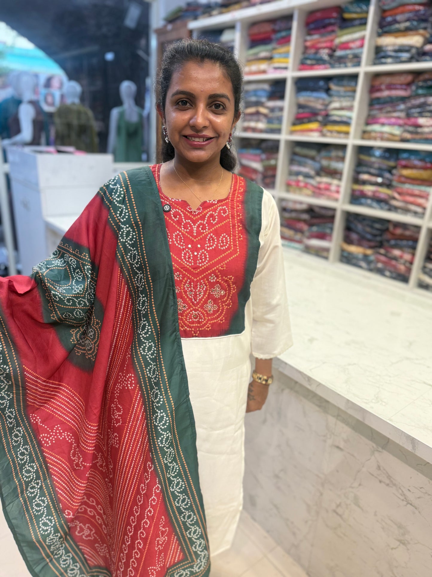 Roman Silk Kurti And pant with Muslin Digtial Printed Dupatta