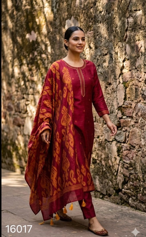Ikkat Pure Silk Kurti With Pant and Dupatta -HSC1319