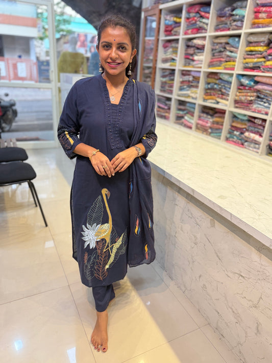 Bird Embroidery Cotton Flex Kurti with Pant And Dupatta