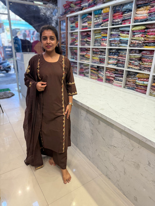 Appliqué Coffee Brown Cotton Kurti With Pant and Dupatta